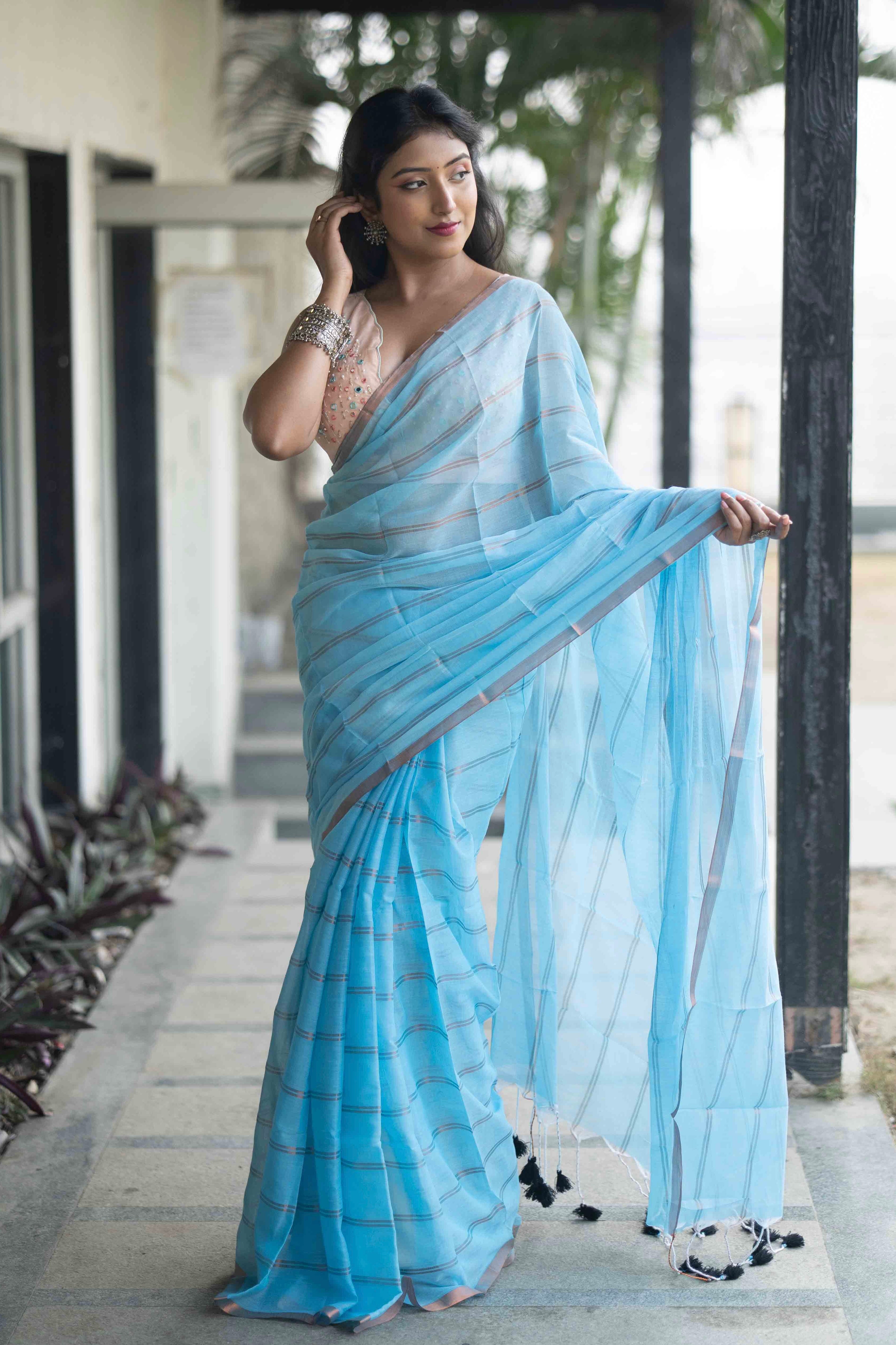 Sky Blue Striped Mul Mul Cotton Saree