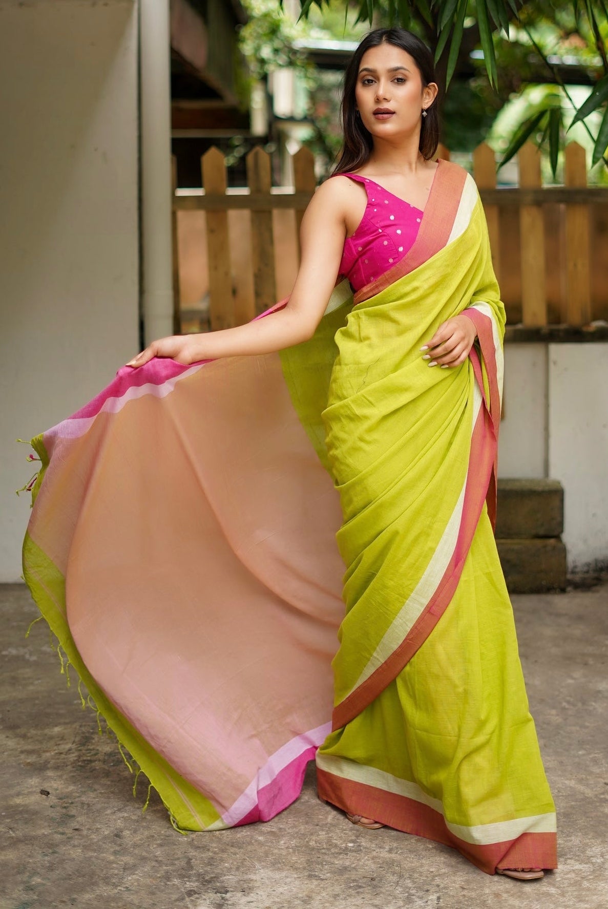 Light green & Rani mulmul cotton saree