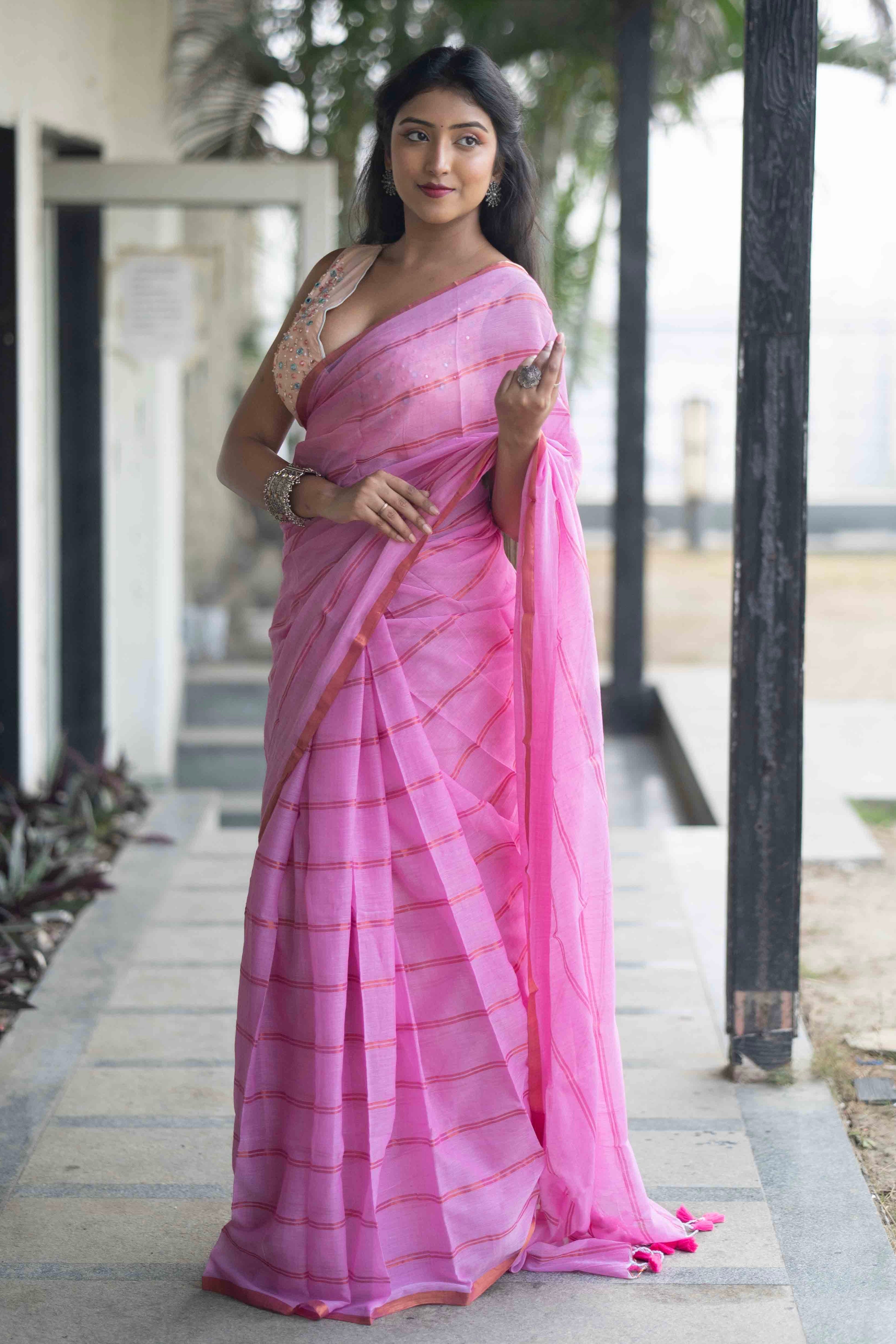 Pink Striped Mul Mul Cotton Saree