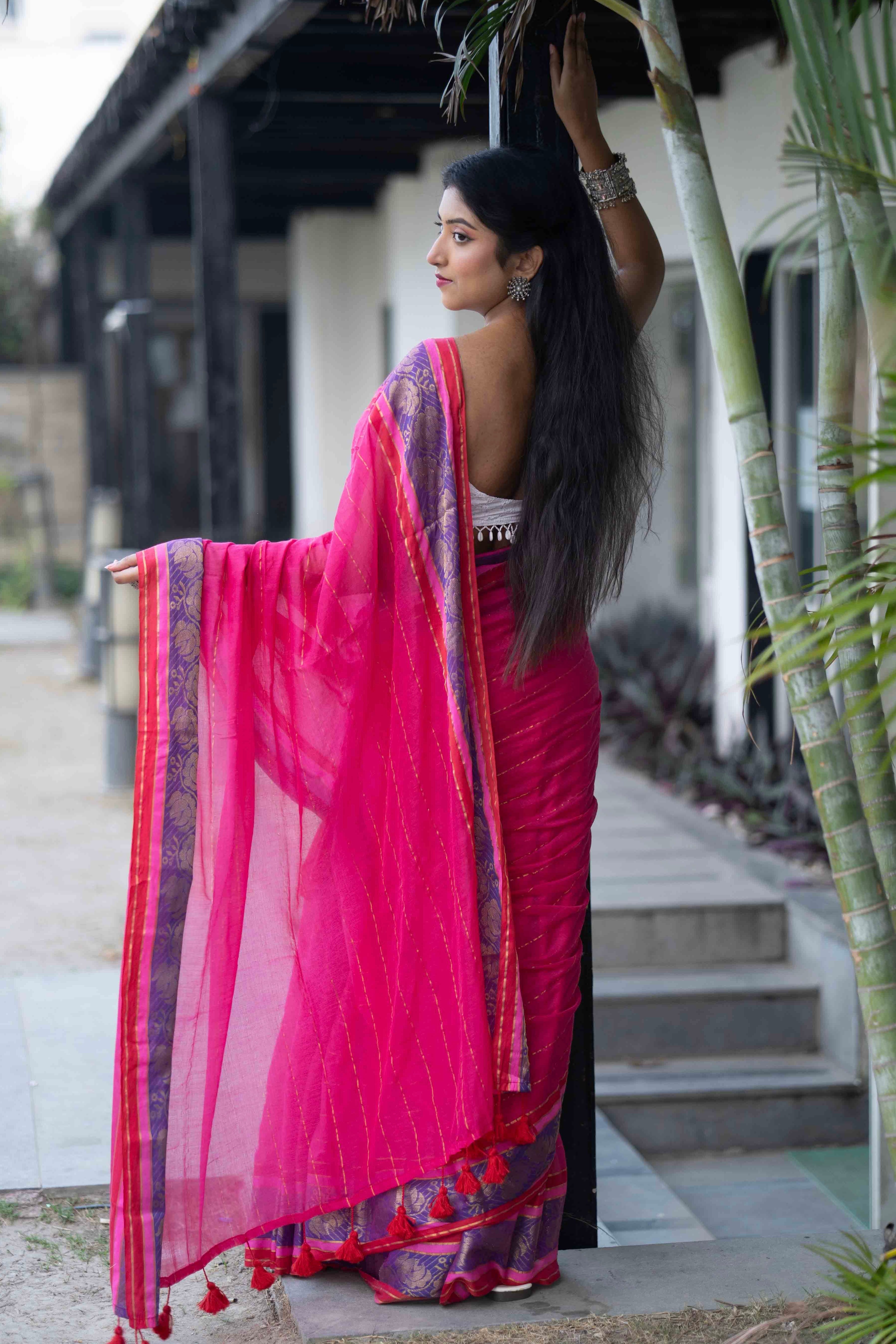 Rani golden zari stripes Mulmul Cotton Saree with with contrast Blouse Piece