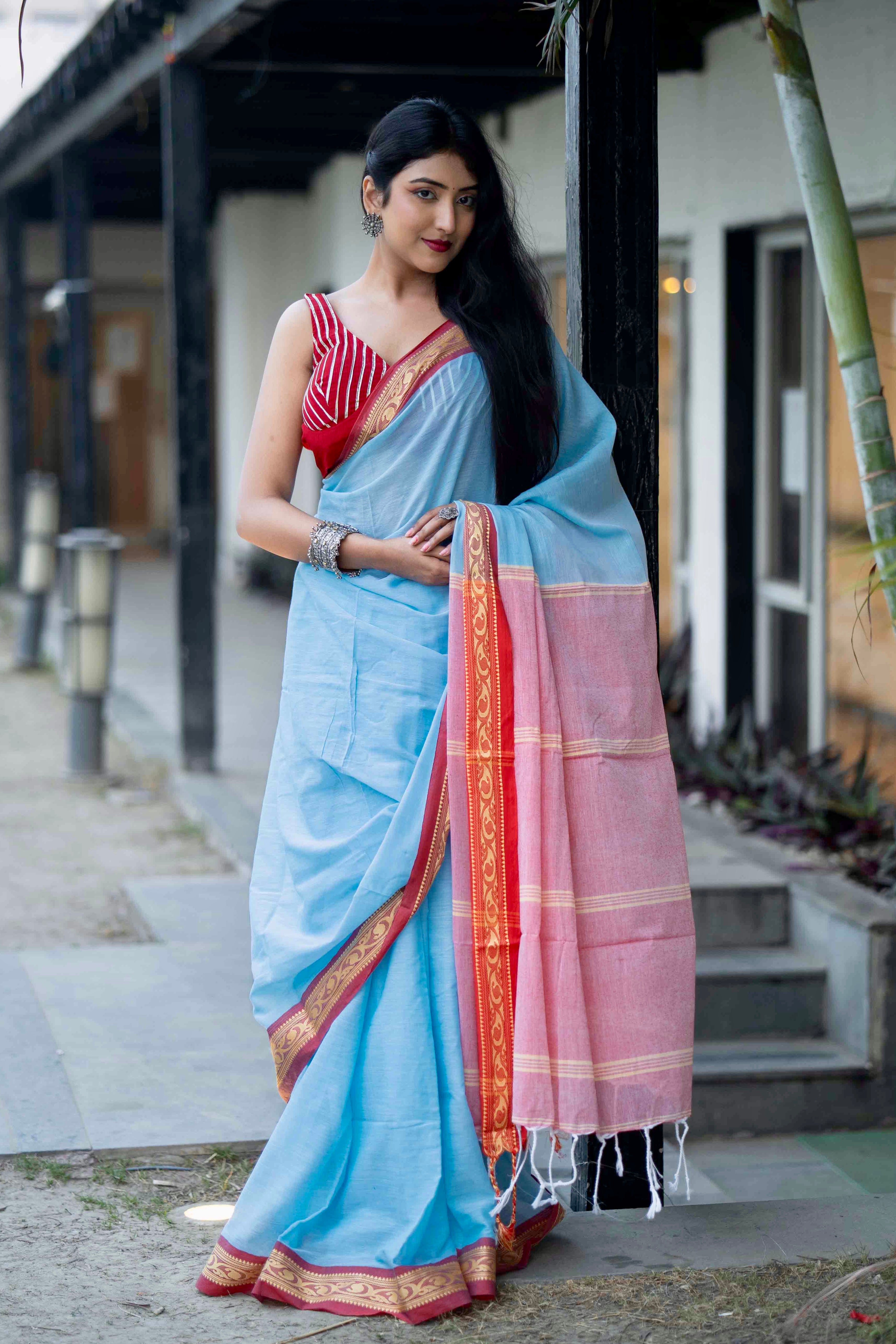 Blue Handwoven Mulmul Cotton Saree