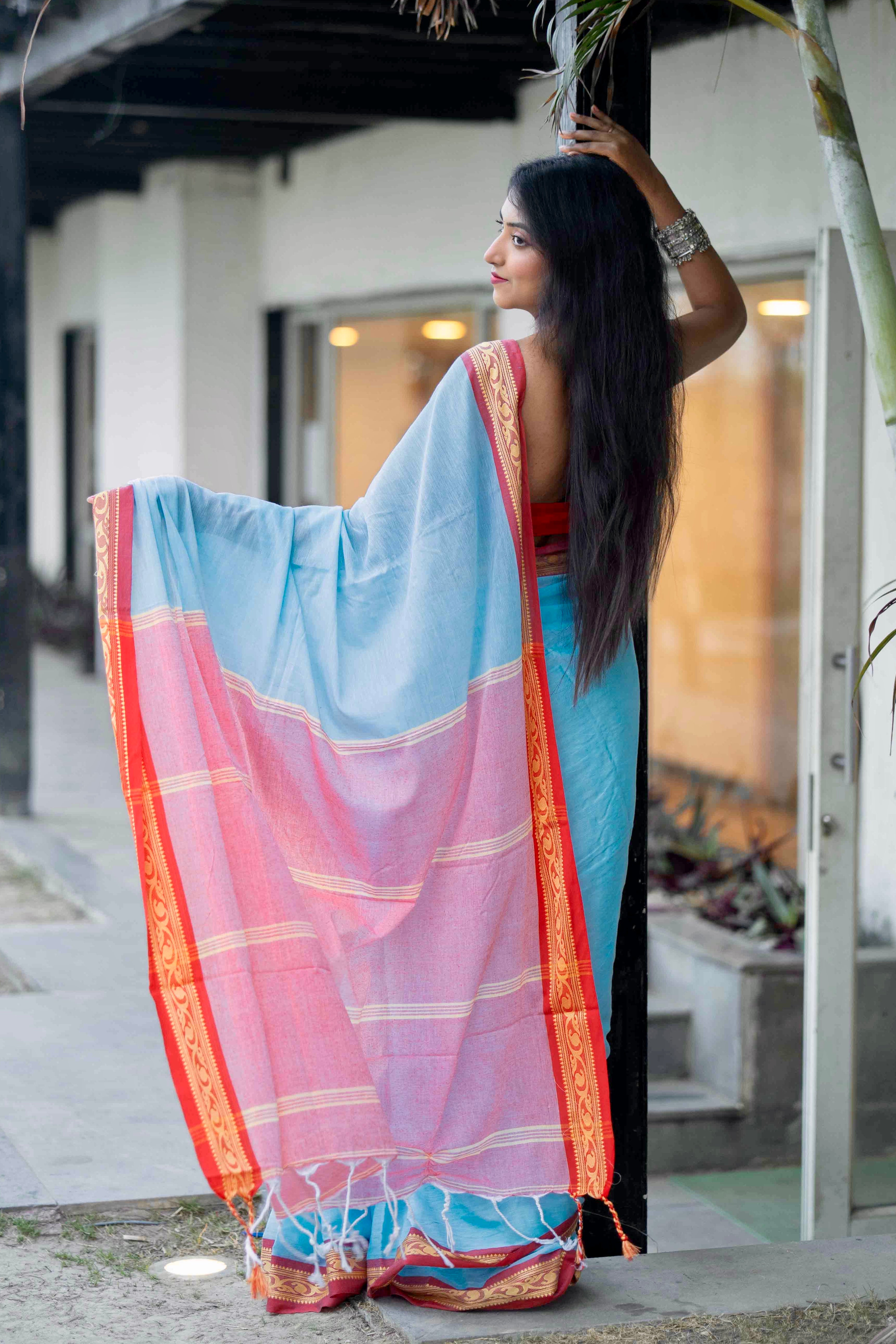 Blue Handwoven Mulmul Cotton Saree