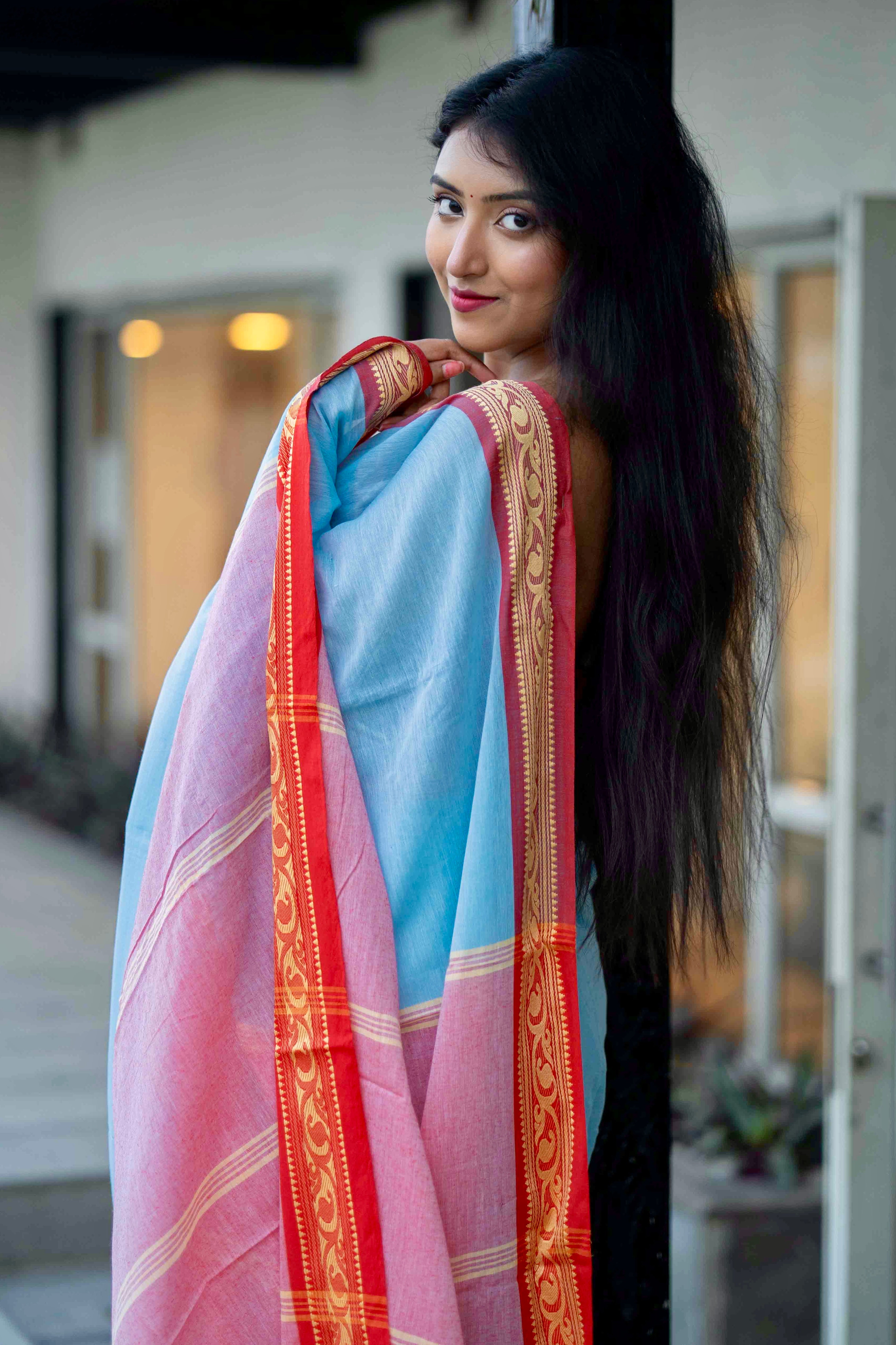 Blue Handwoven Mulmul Cotton Saree