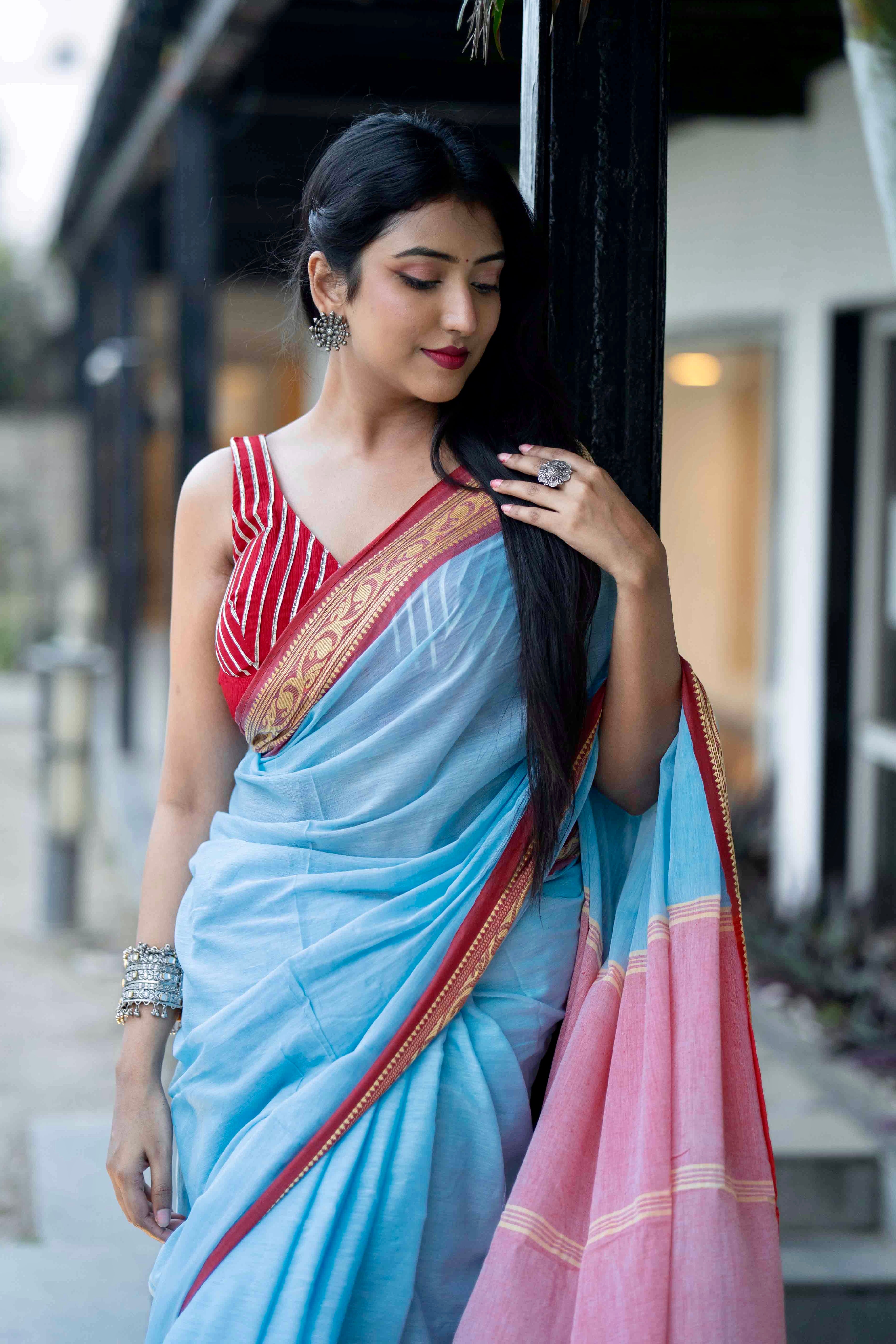 Blue Handwoven Mulmul Cotton Saree