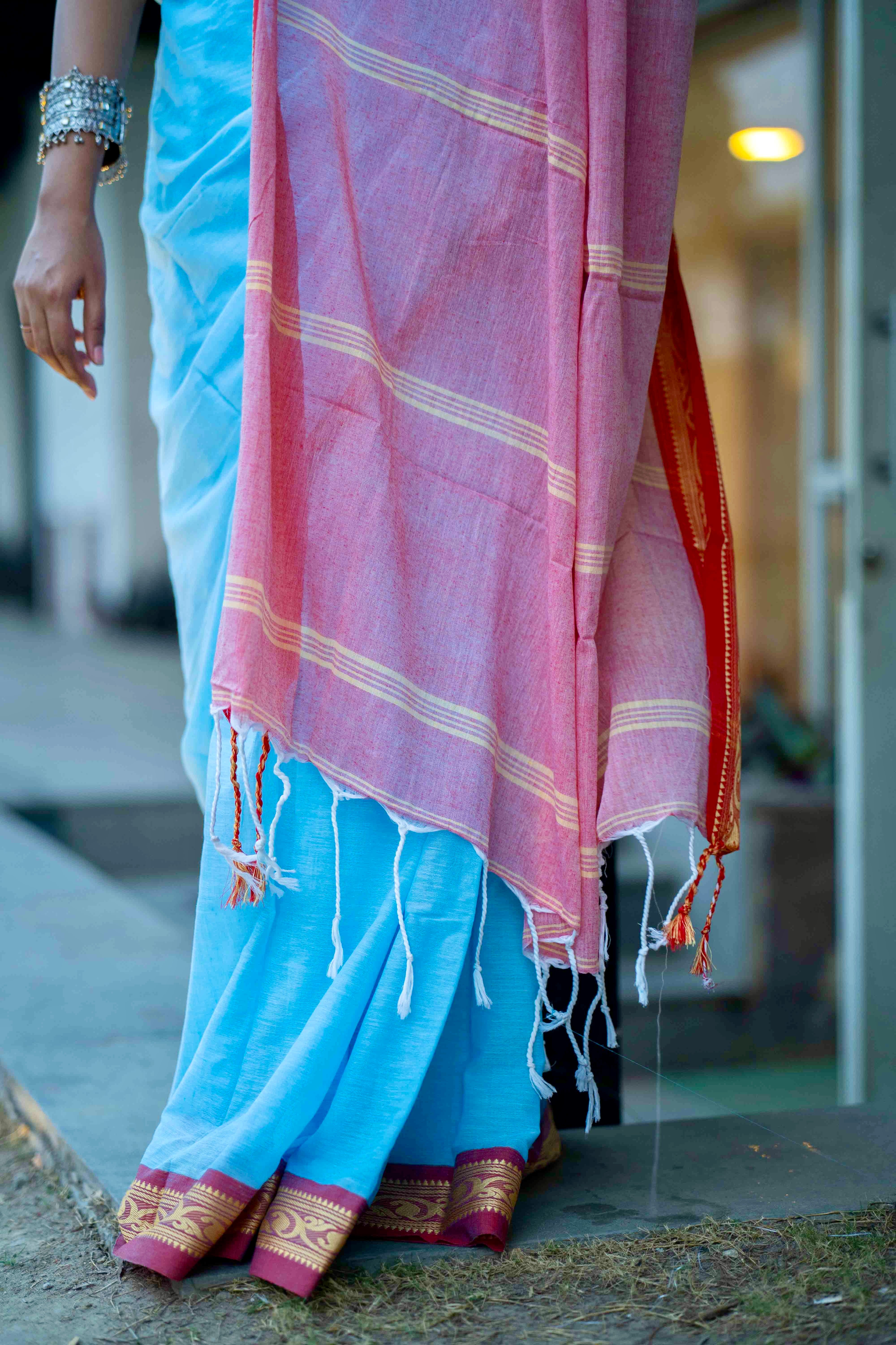 Blue Handwoven Mulmul Cotton Saree