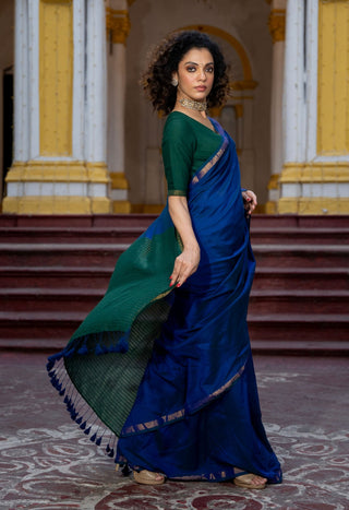BLUE & GREEN MUL MODAL SAREE WITH Blouse piece