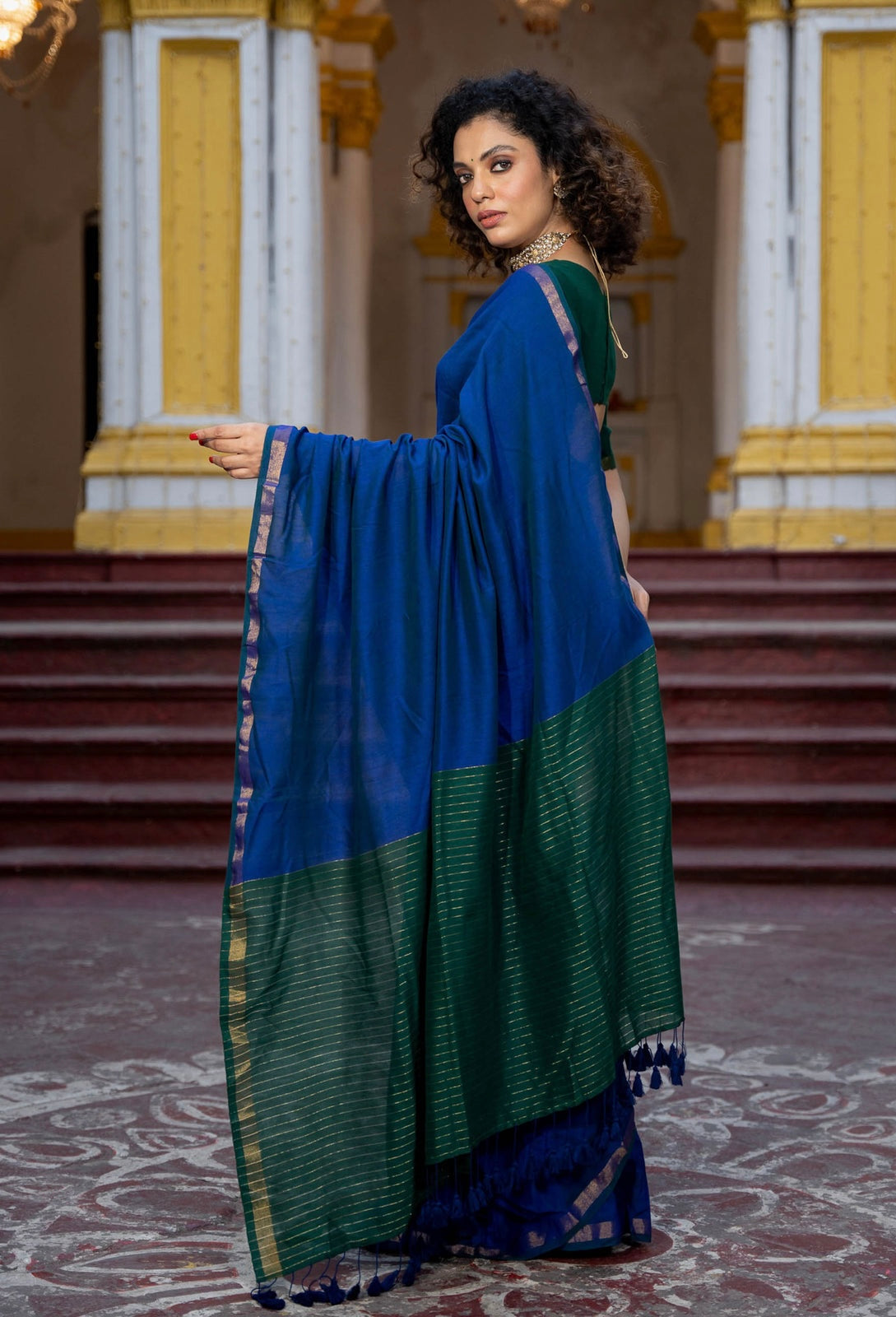 BLUE & GREEN MUL MODAL SAREE WITH Blouse piece