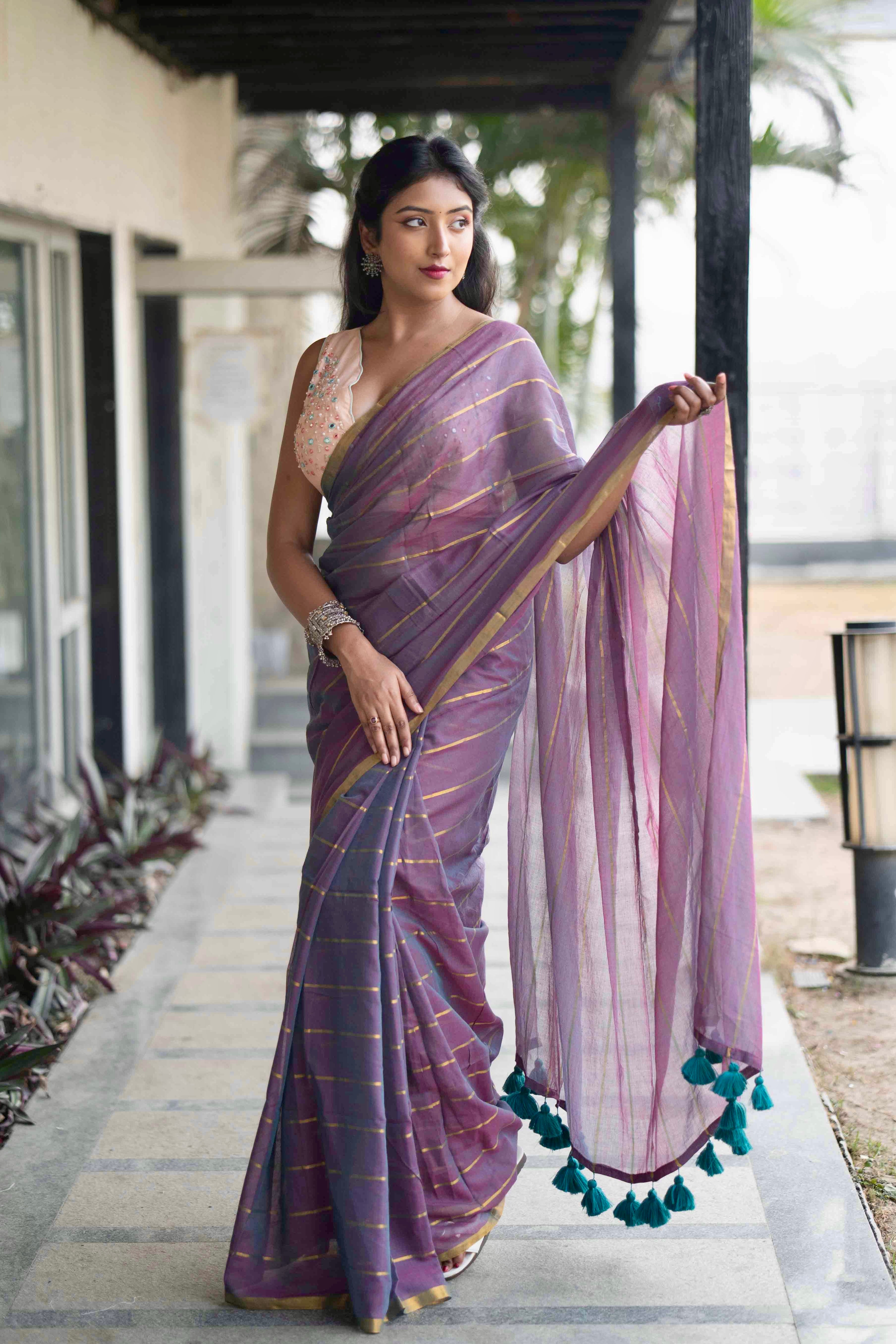 African violet golden stripes Mulmul Cotton Saree