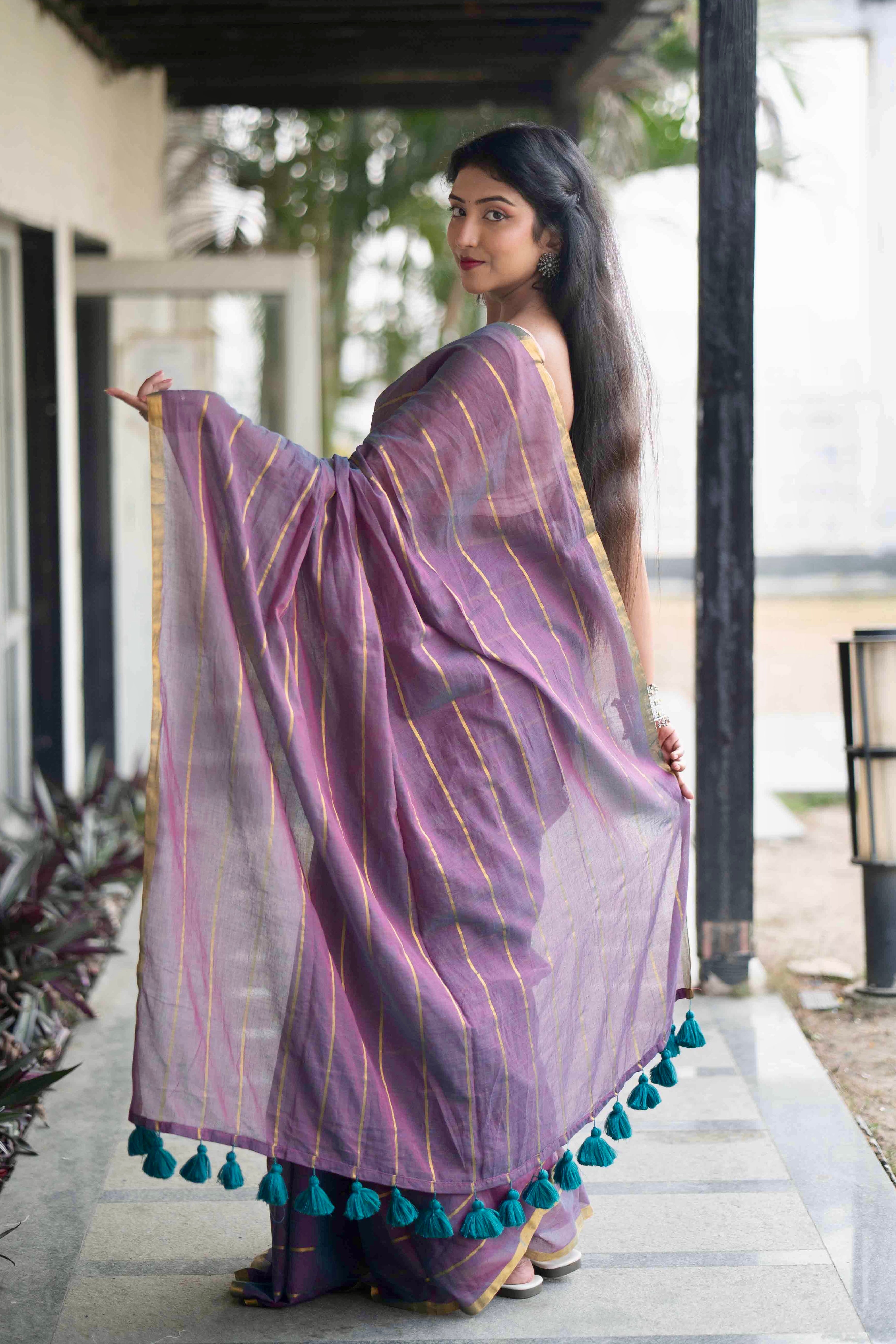 African violet golden stripes Mulmul Cotton Saree
