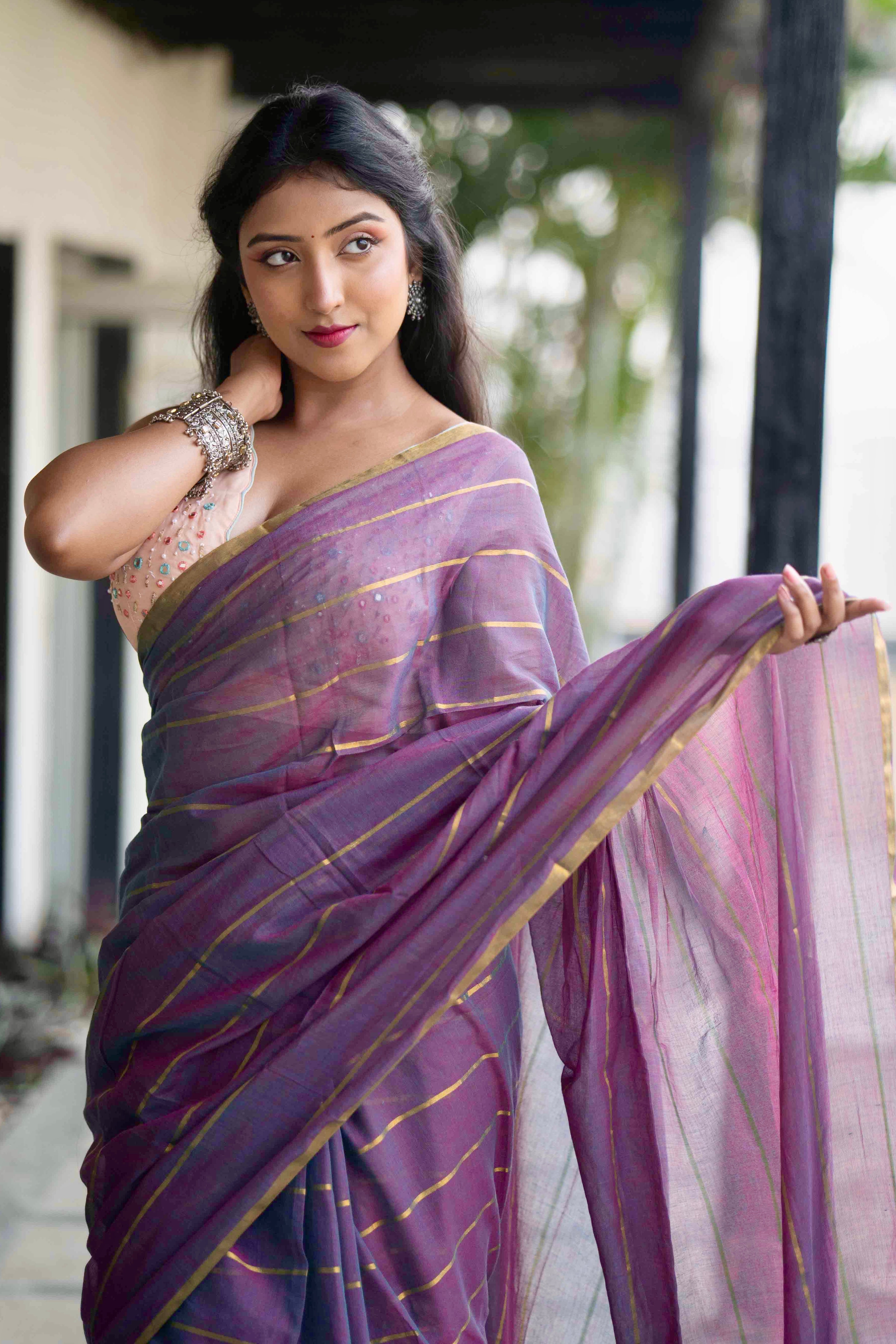 African violet golden stripes Mulmul Cotton Saree