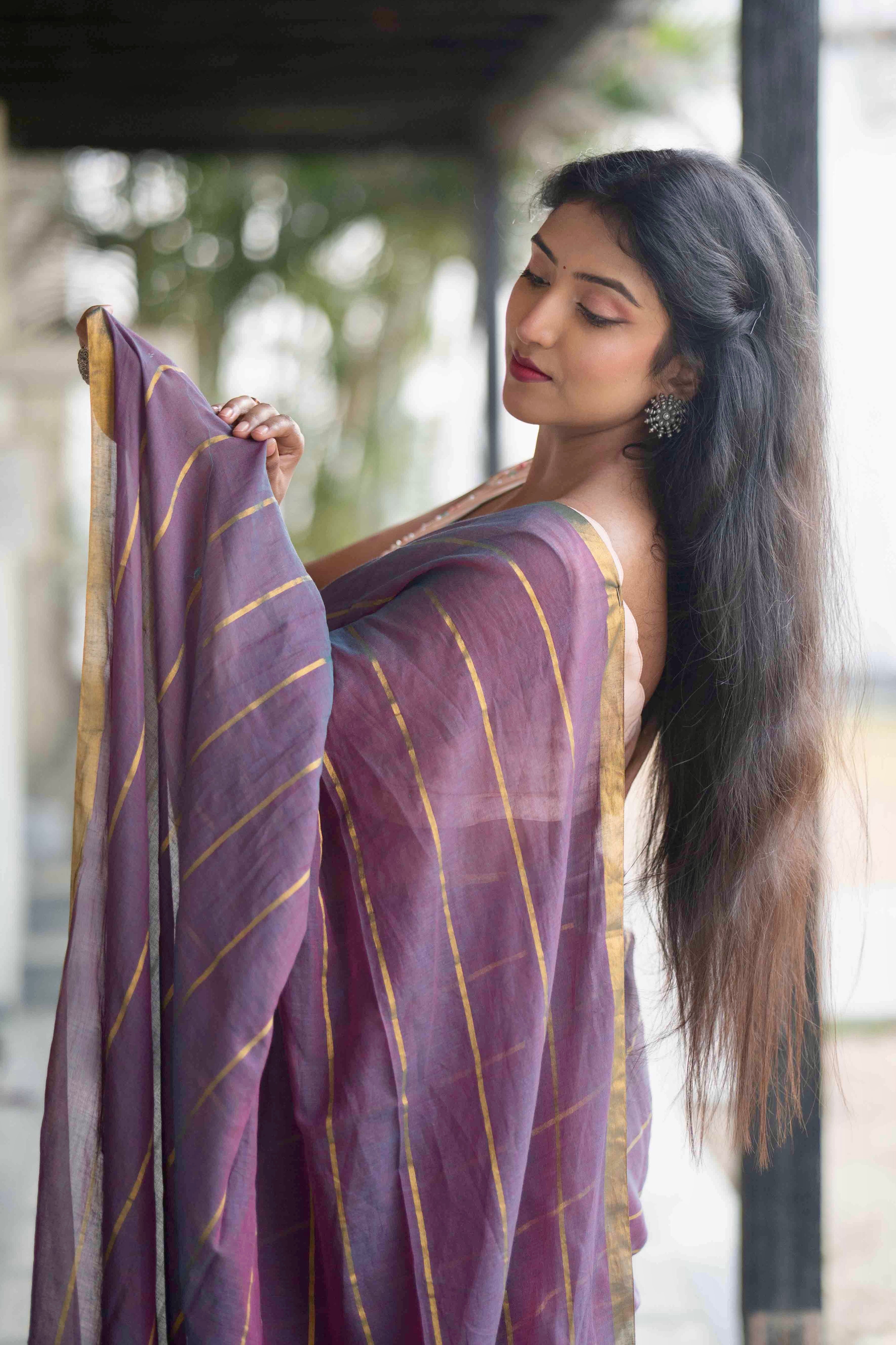 African violet golden stripes Mulmul Cotton Saree