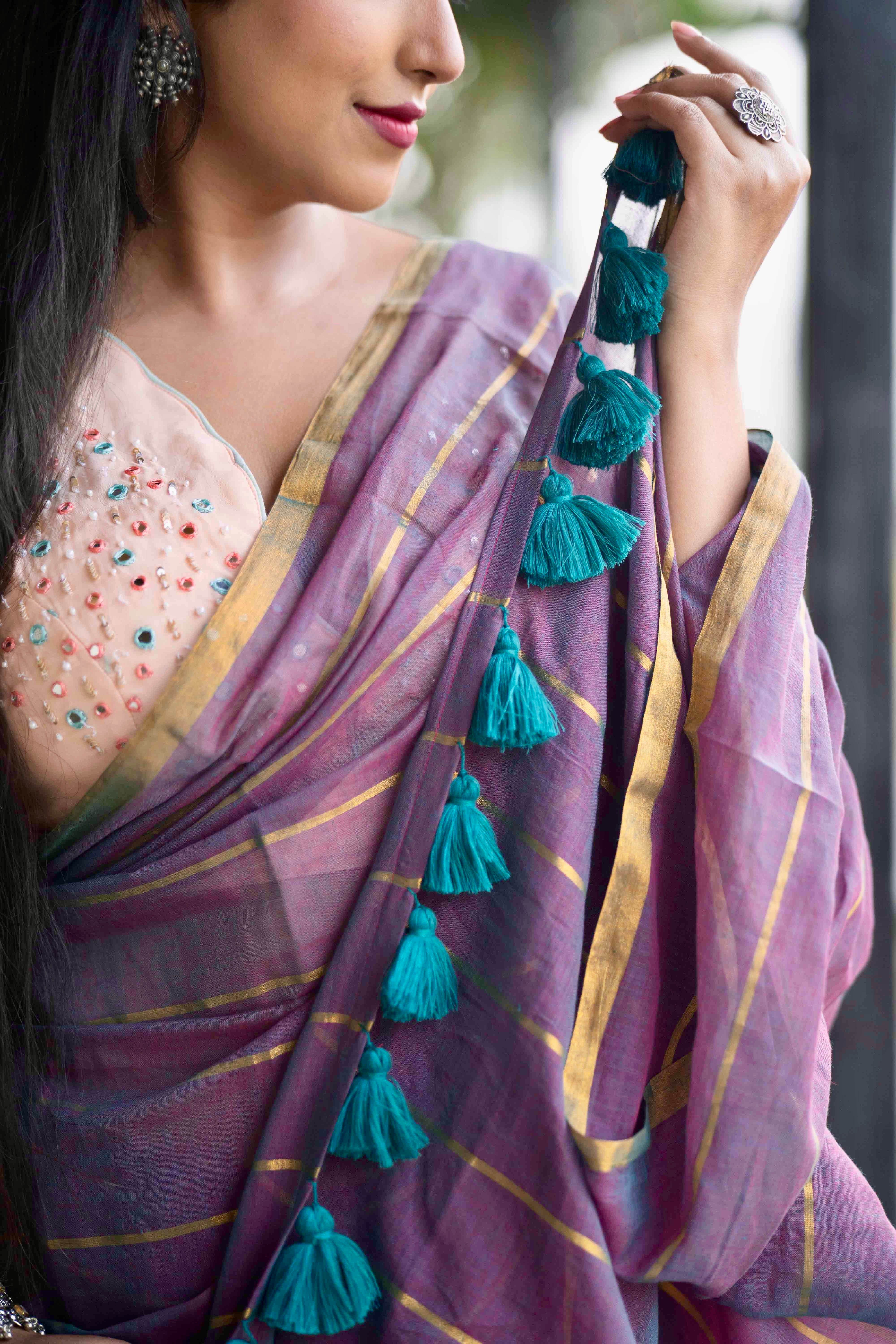 African violet golden stripes Mulmul Cotton Saree