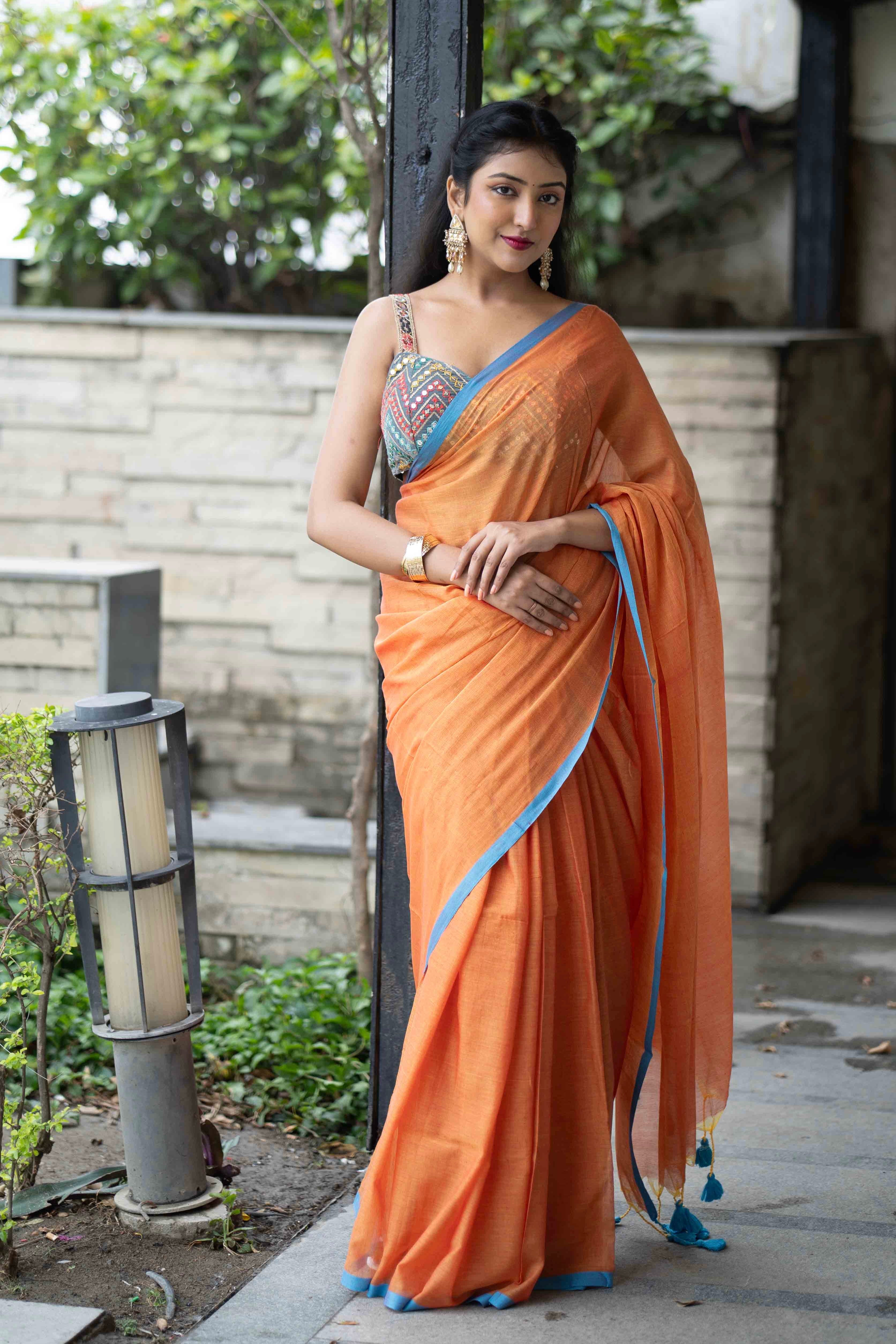 Orange Pure Mulmul Cotton Saree with  blouse piece
