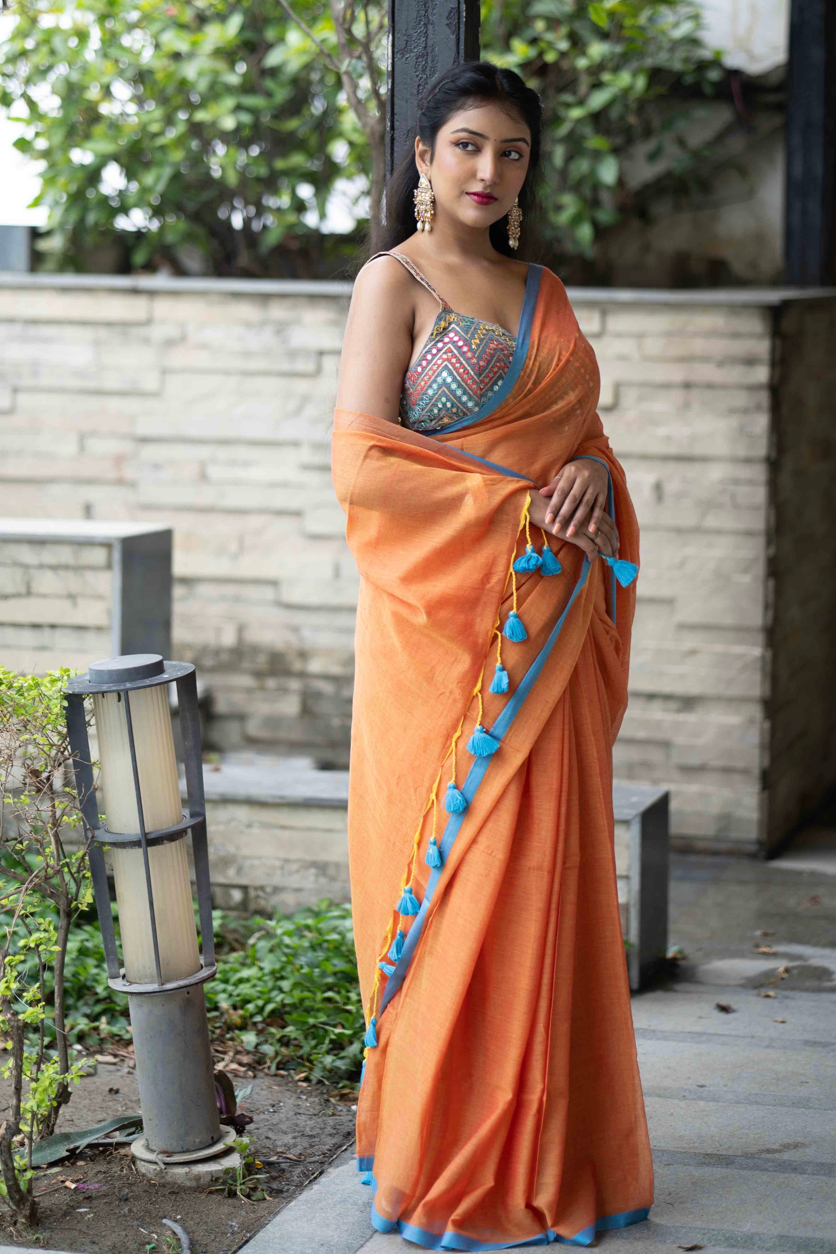 Orange Pure Mulmul Cotton Saree with  blouse piece