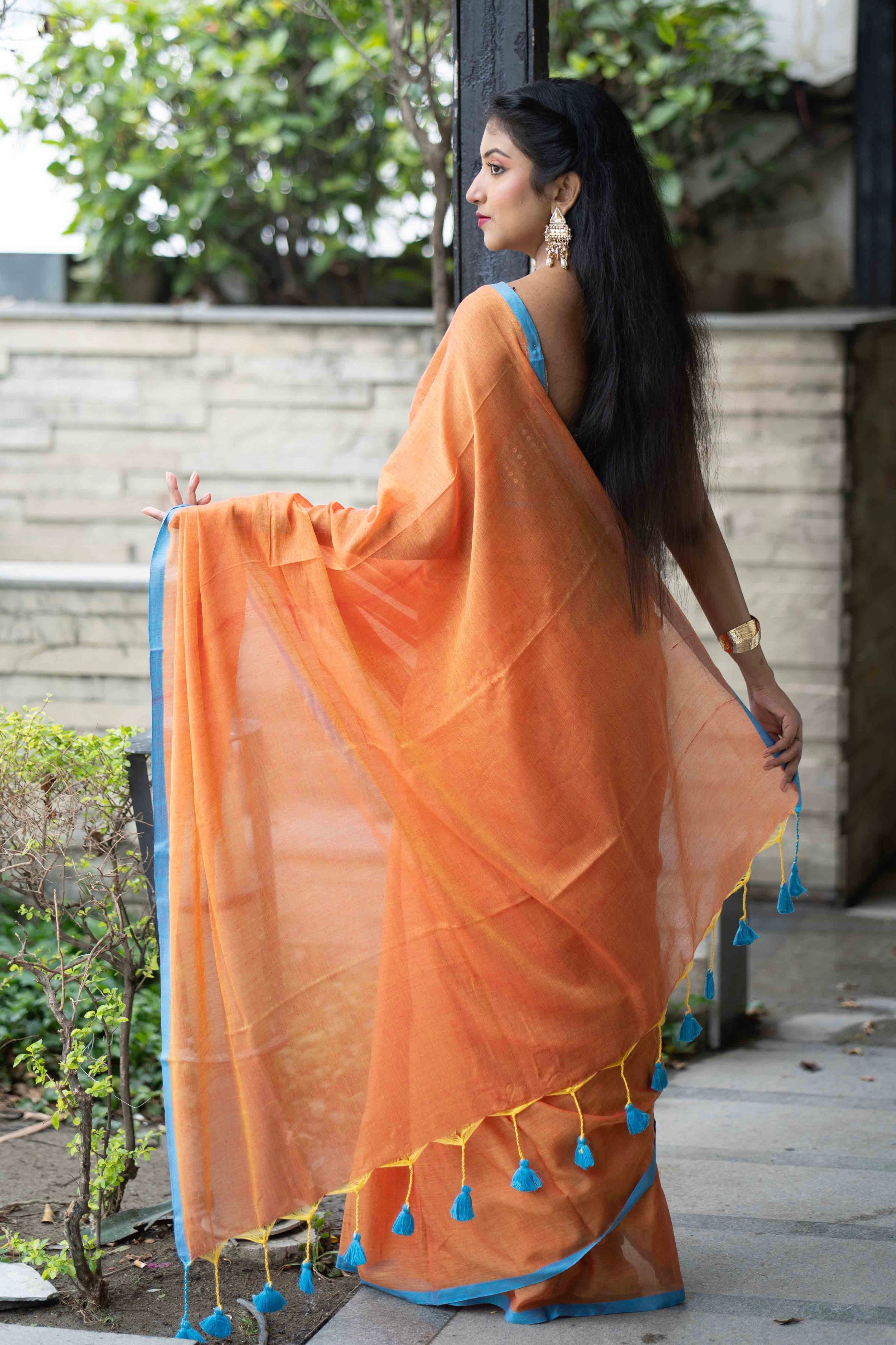 Orange Pure Mulmul Cotton Saree with  blouse piece