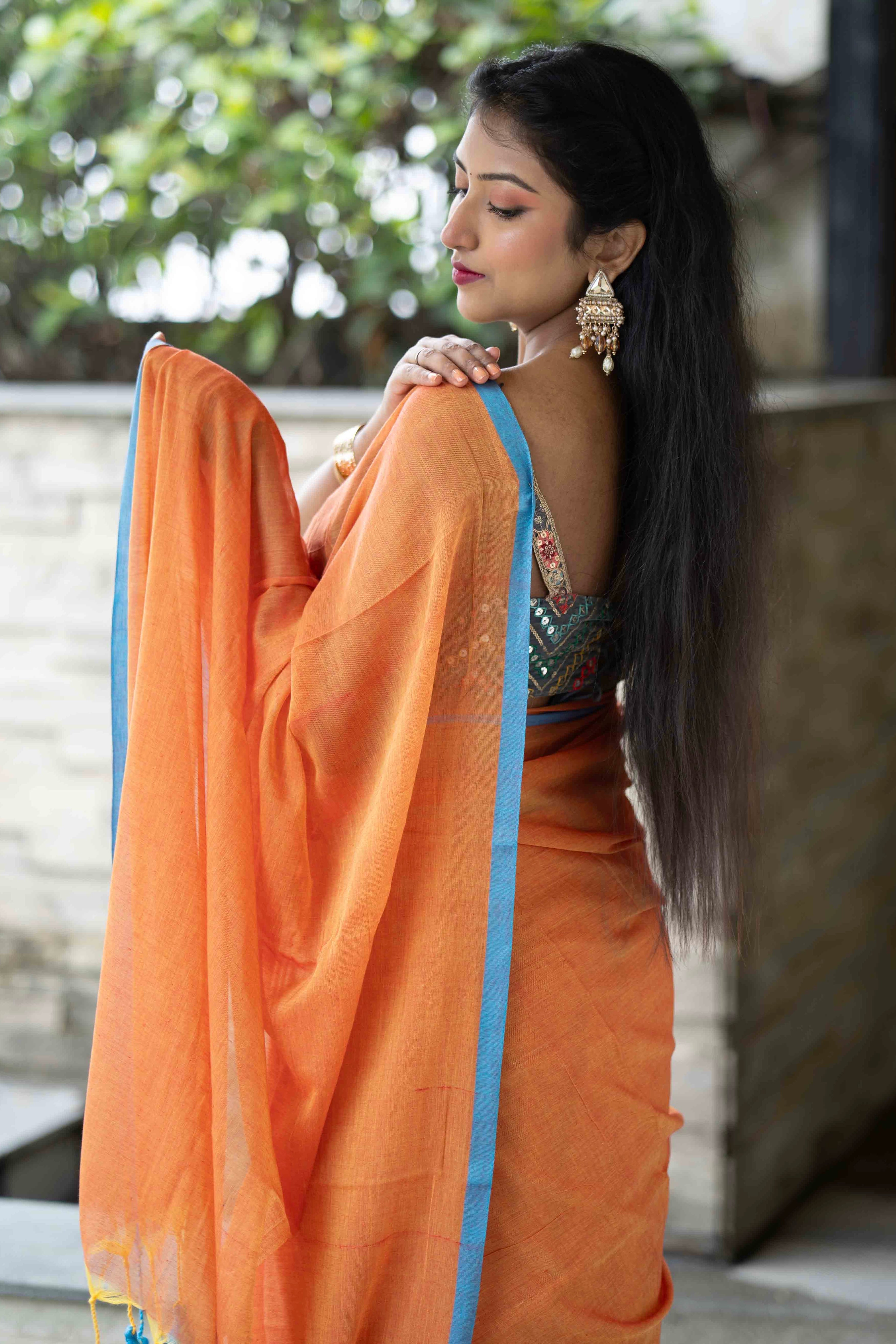 Orange Pure Mulmul Cotton Saree with  blouse piece