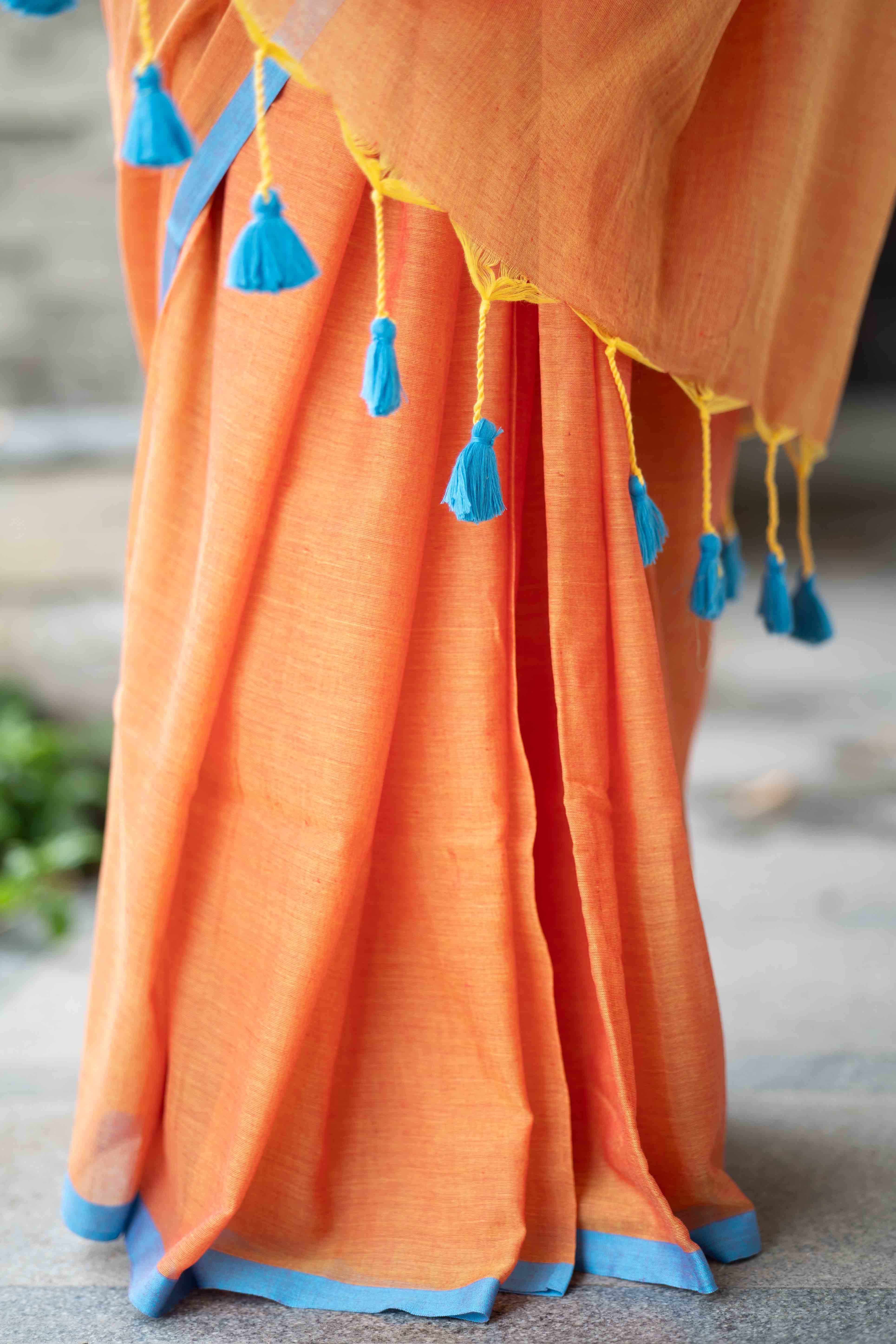 Orange Pure Mulmul Cotton Saree with  blouse piece