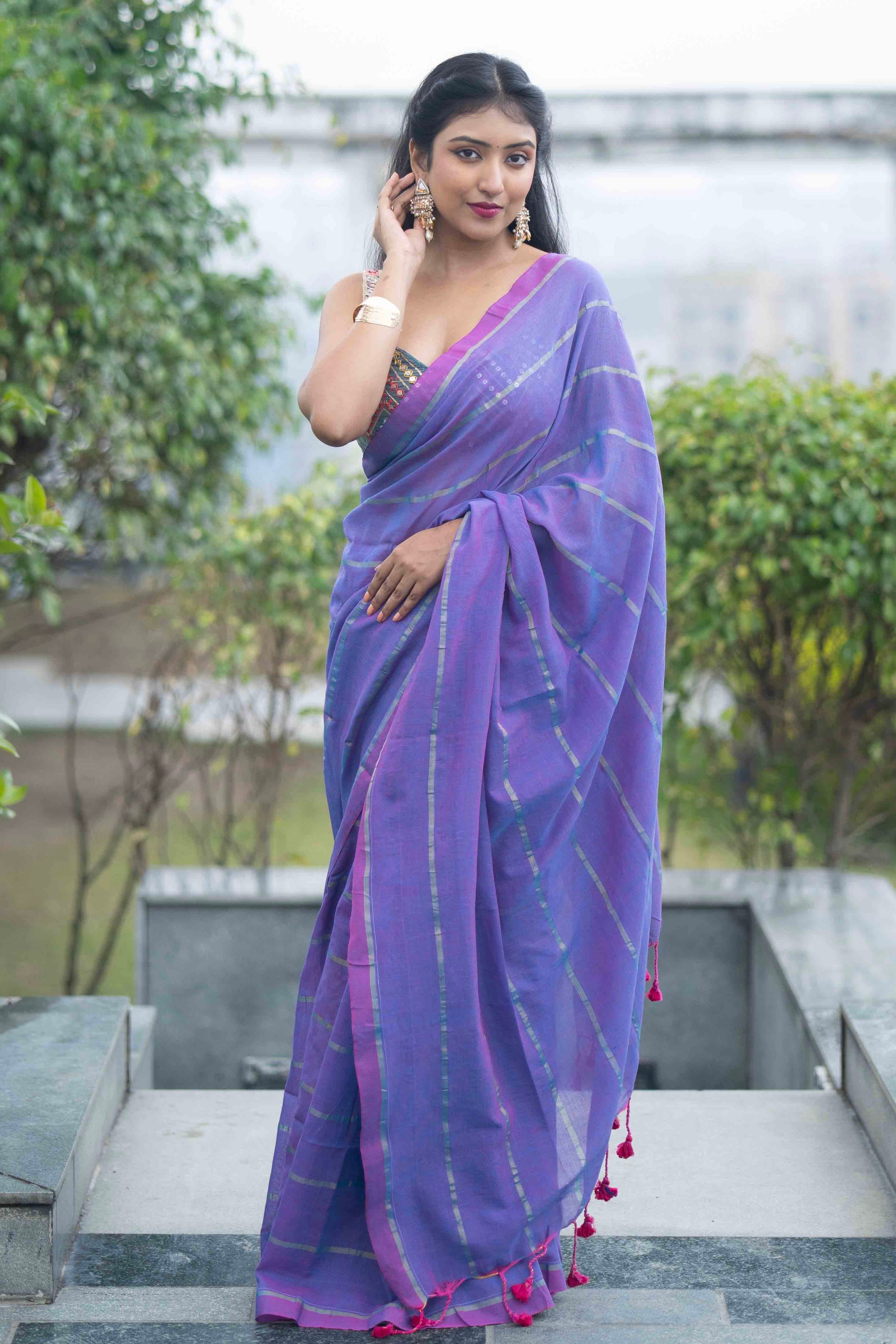 Purple golden Stripes soft cotton Saree with blouse piece