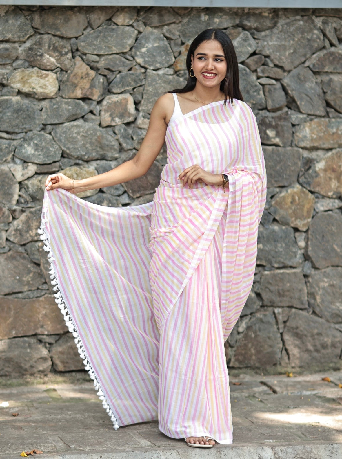 Yellow & Pink Multicolour Stripes Mul Mul Cotton Saree