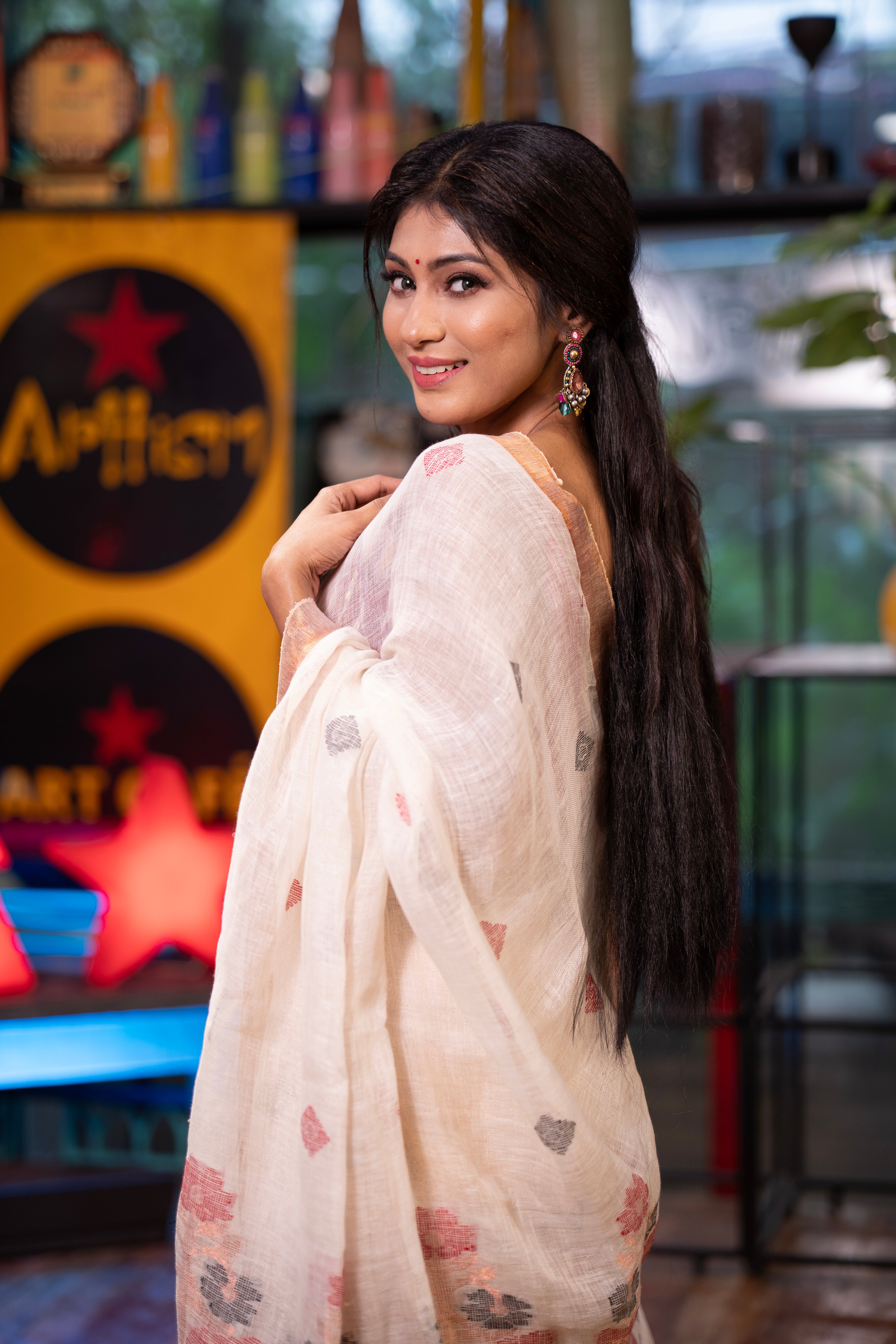 White floral pure linen handwoven saree