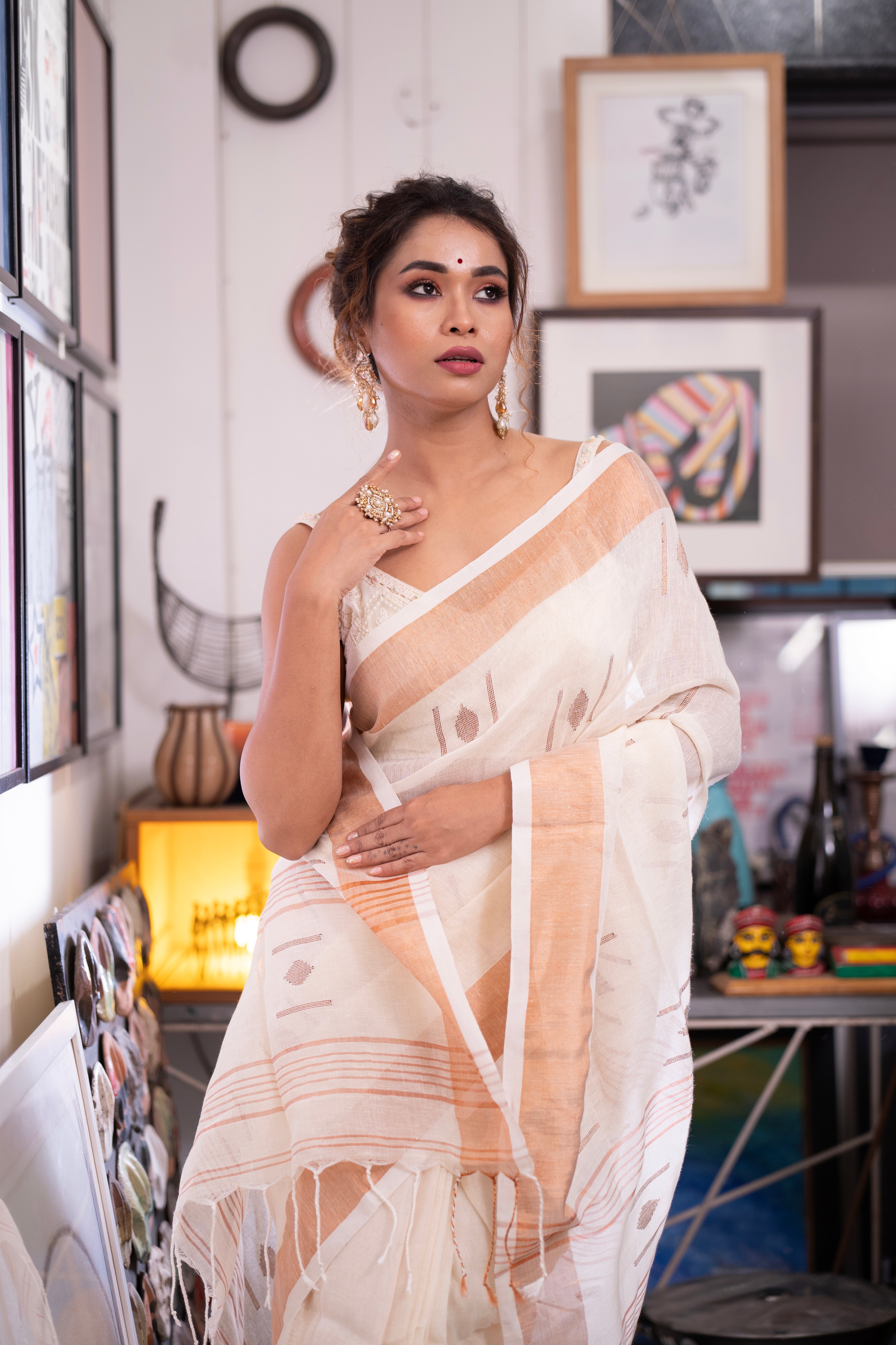 White pure linen hand woven saree