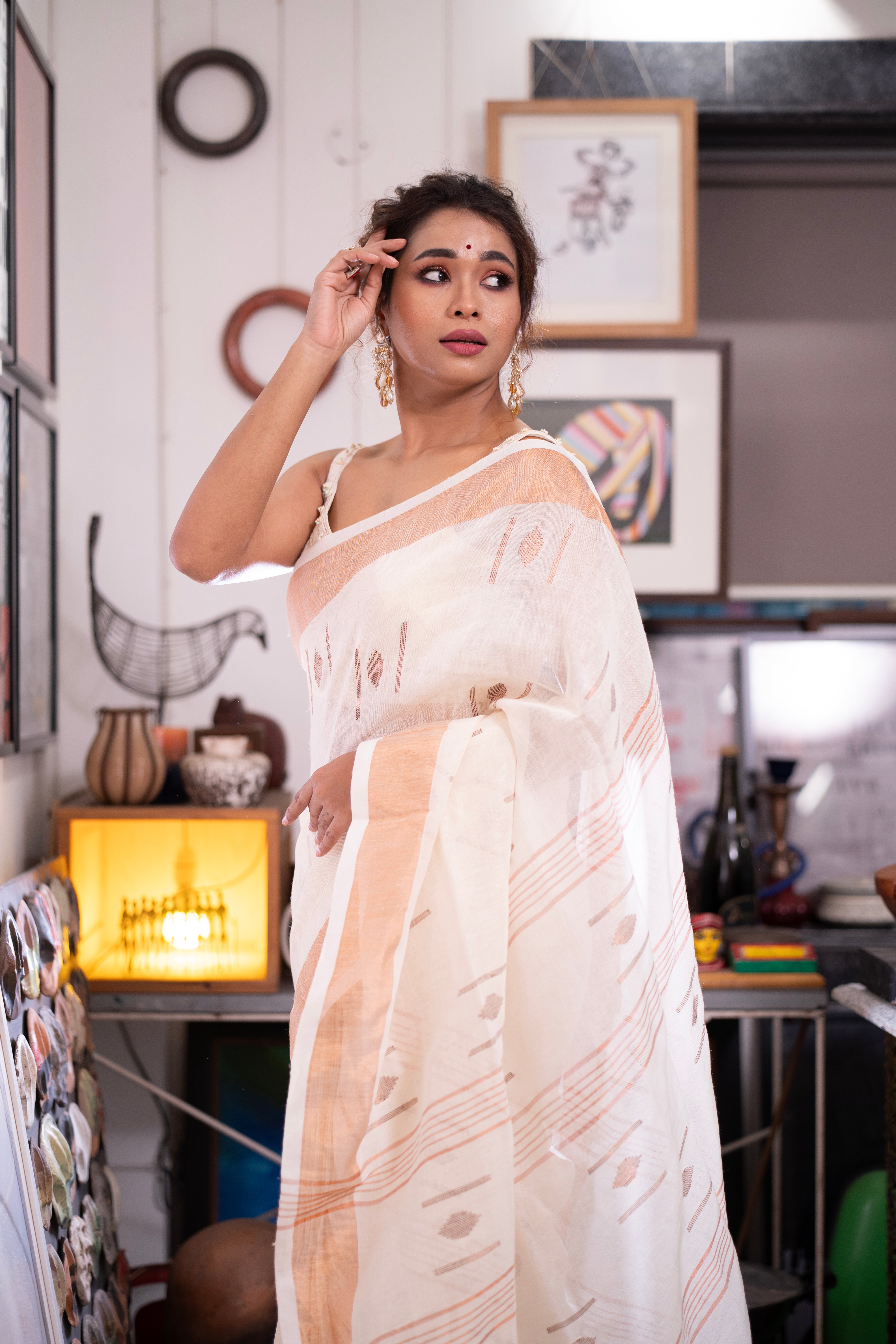 White pure linen hand woven saree