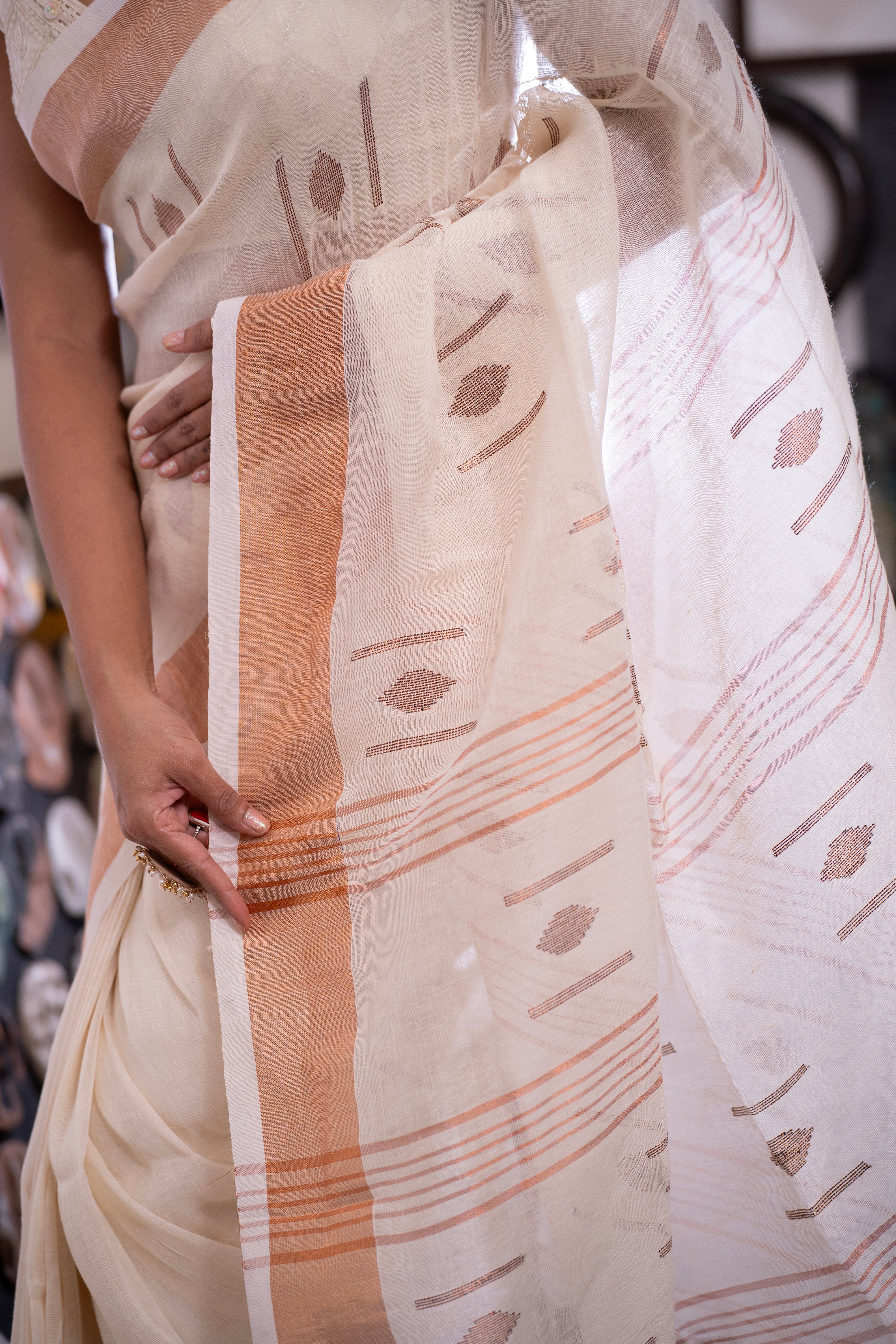 White pure linen hand woven saree