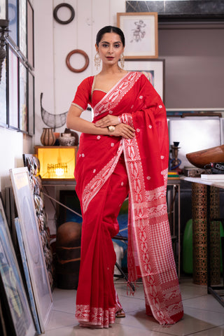 Red Handweaving Pure Masrise Cotton Saree with blouse piece