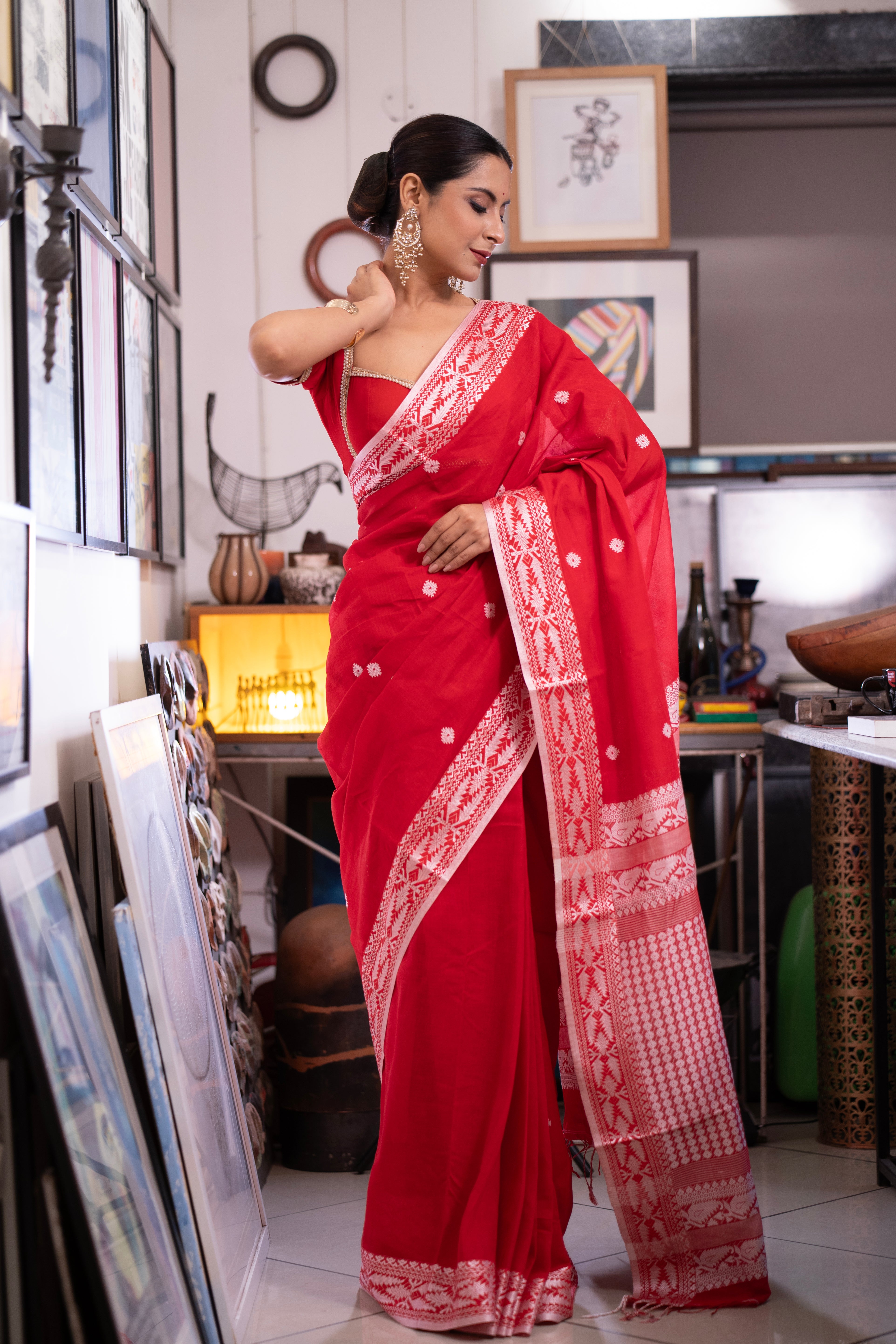 Red Pure Masrise Cotton Handwoven Saree