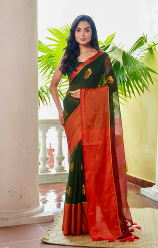 Green Hibiscus Gold Zari Thread Mulmul Cotton Saree with Blouse Piece