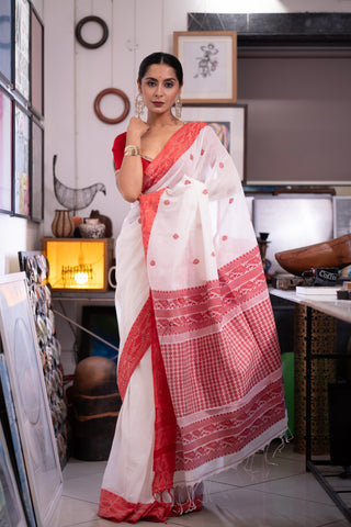 White Handweaving Pure Masrise Cotton Saree with  blouse piece