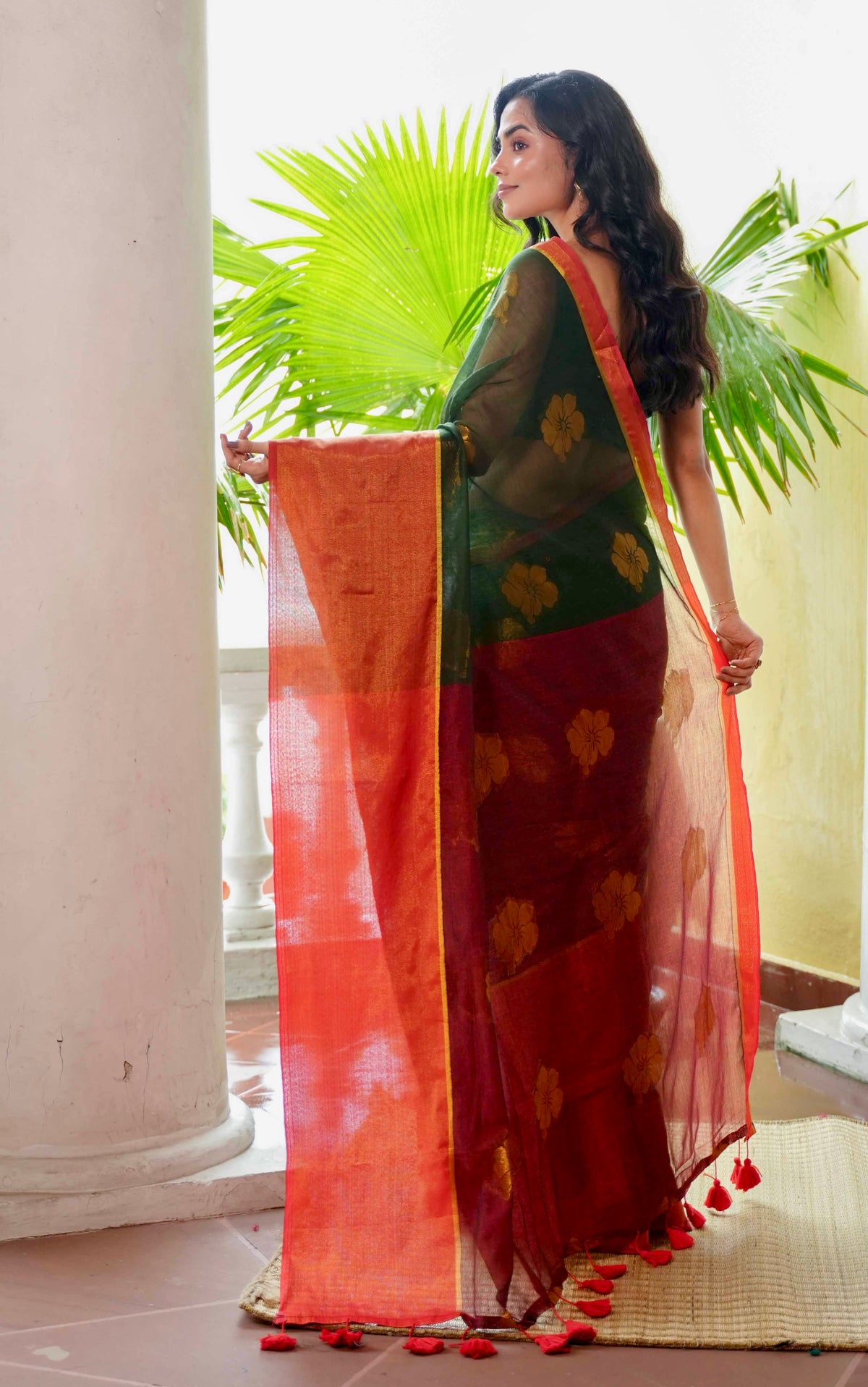 Green Hibiscus Gold Zari Thread Mulmul Cotton Saree with Blouse Piece