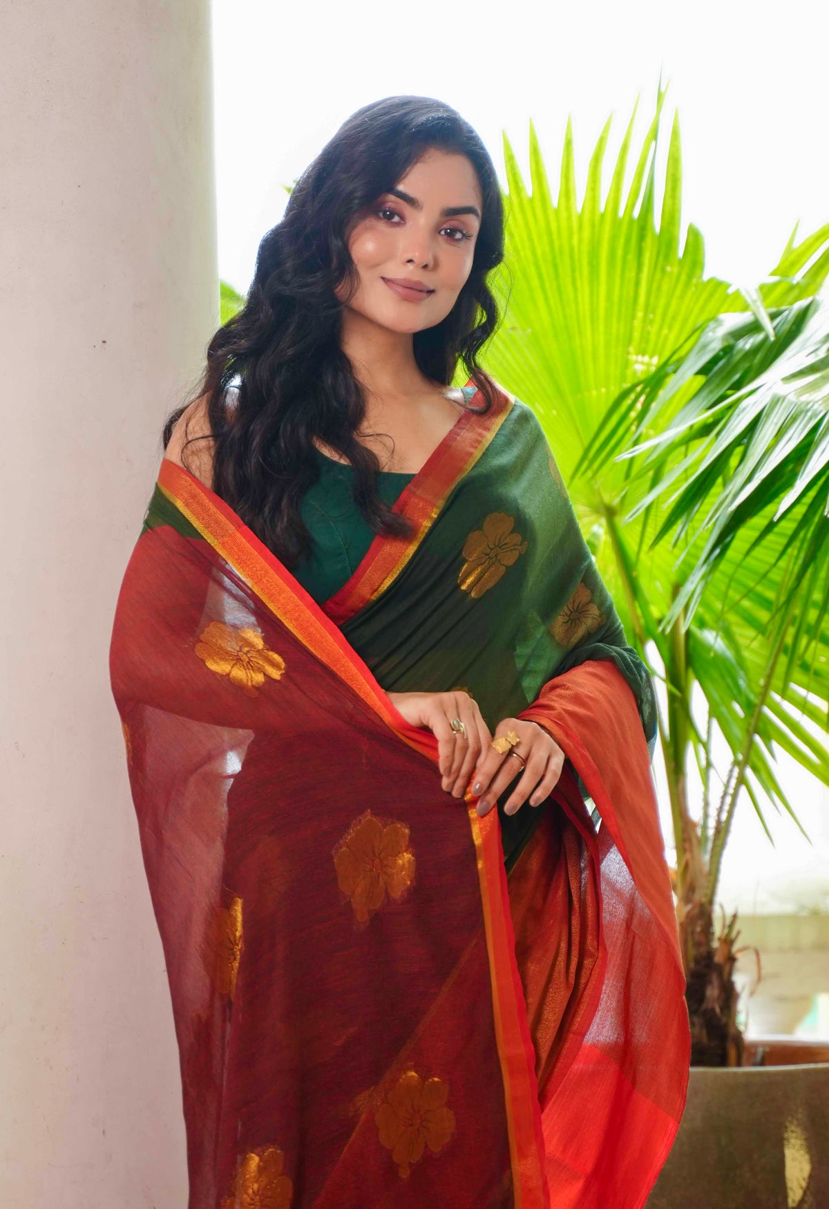 Green Hibiscus Gold Zari Thread Mulmul Cotton Saree with Blouse Piece
