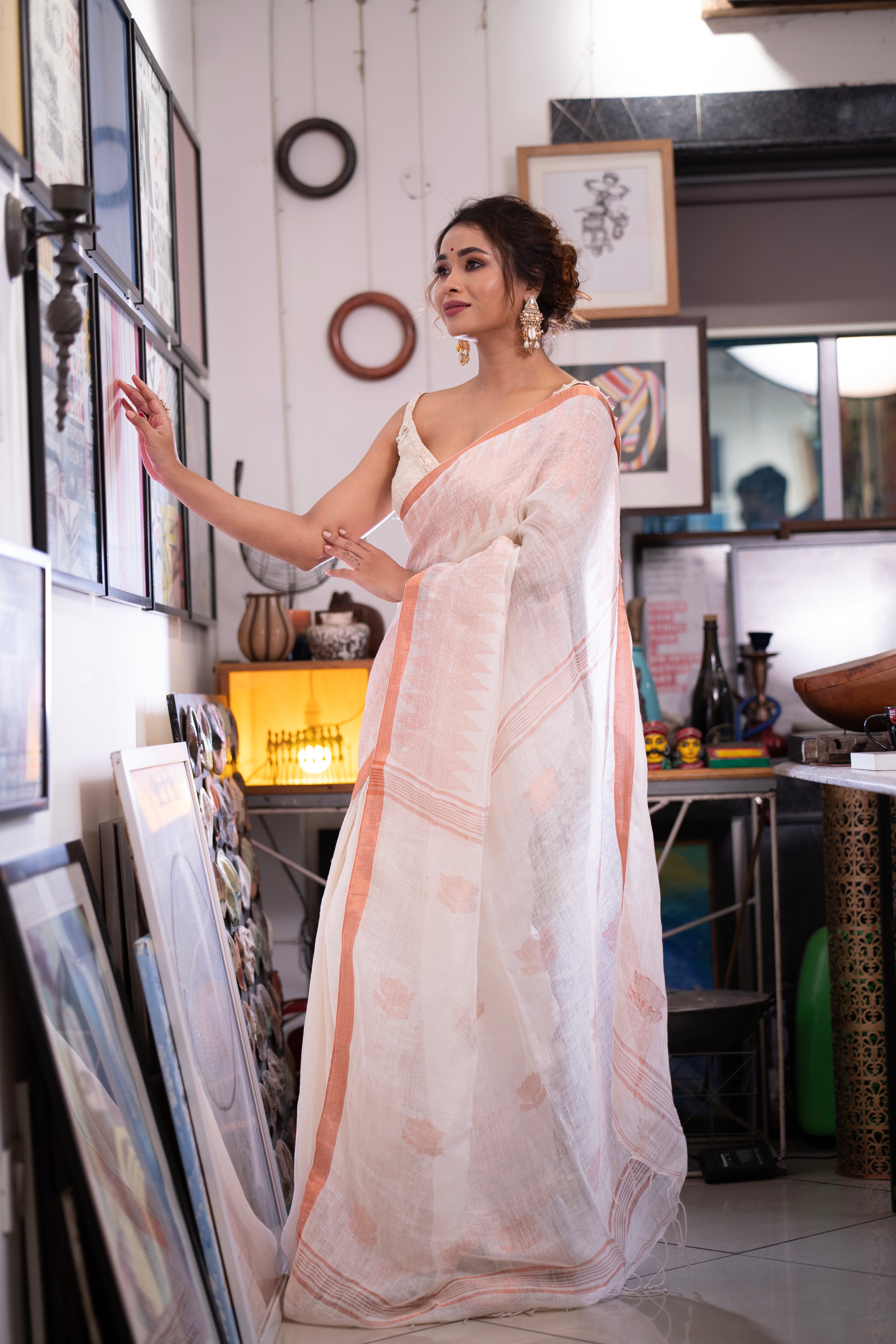 White khusboo pure linen handwoven saree