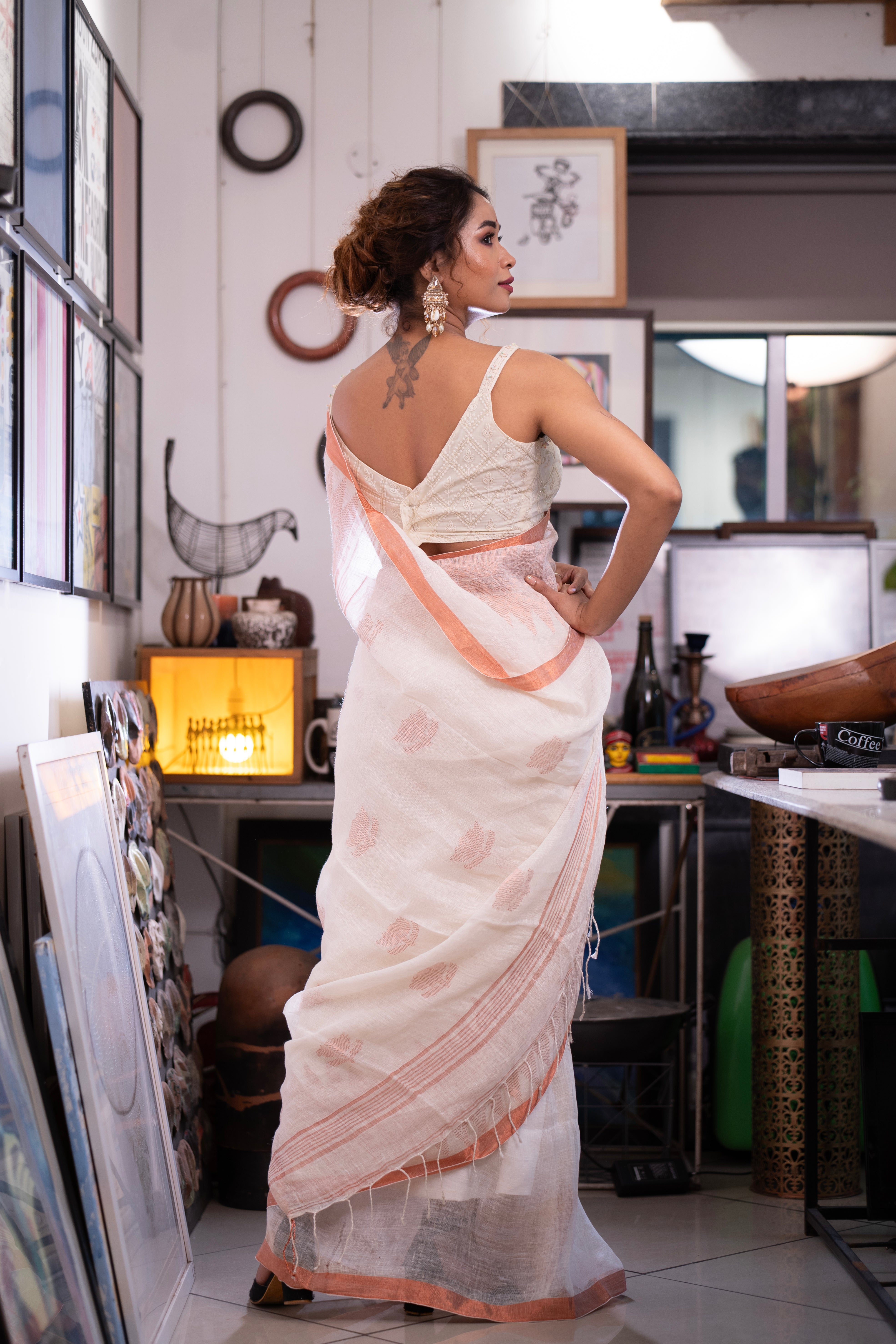 White khusboo pure linen handwoven saree