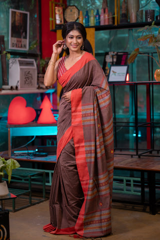 Brown Assam Cotton Handweaving Saree with blouse piece