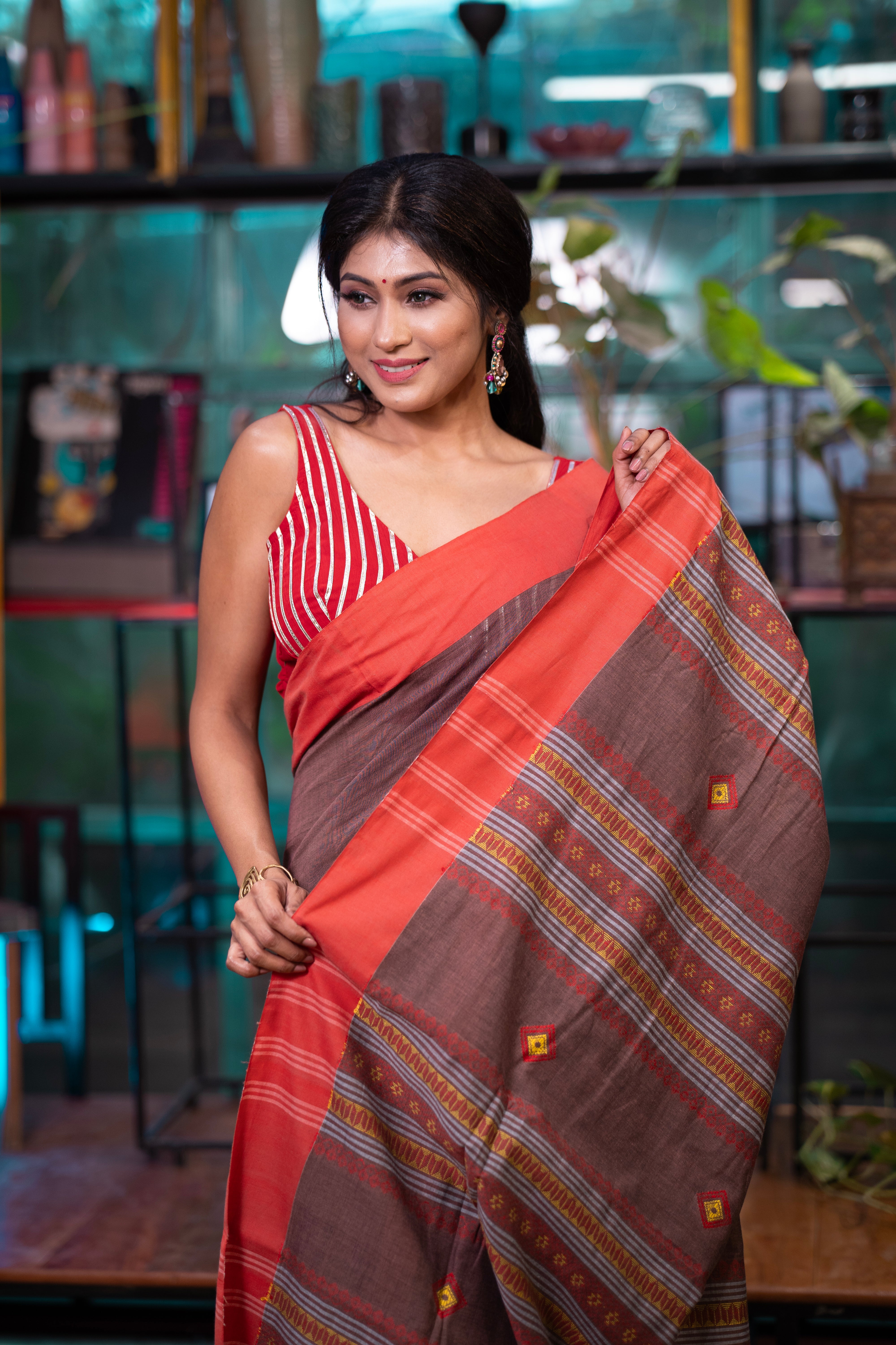 Premium Assam Khadi Cotton Handwoven Saree- Chocolate & Red