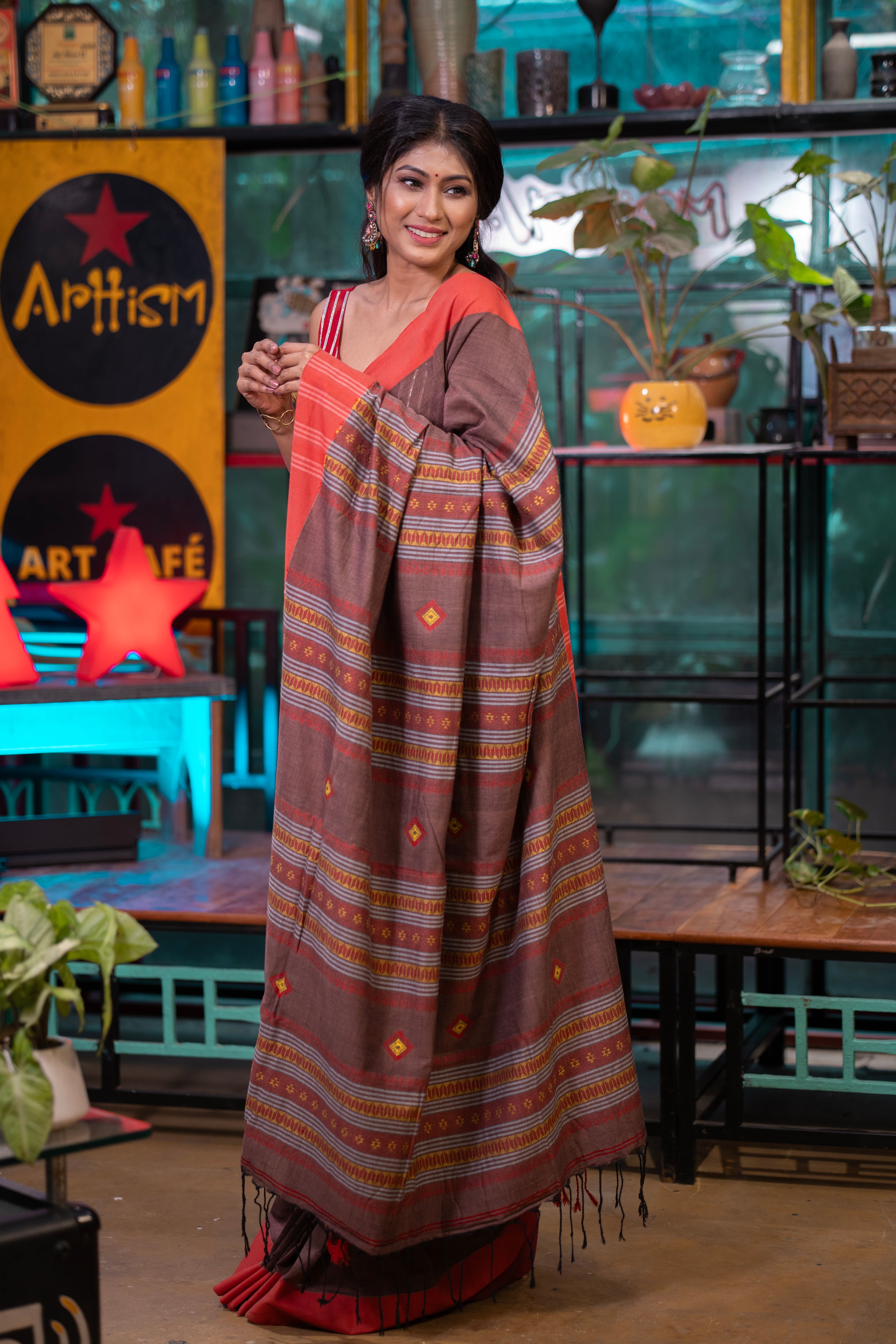 Premium Assam Khadi Cotton Handwoven Saree- Chocolate & Red