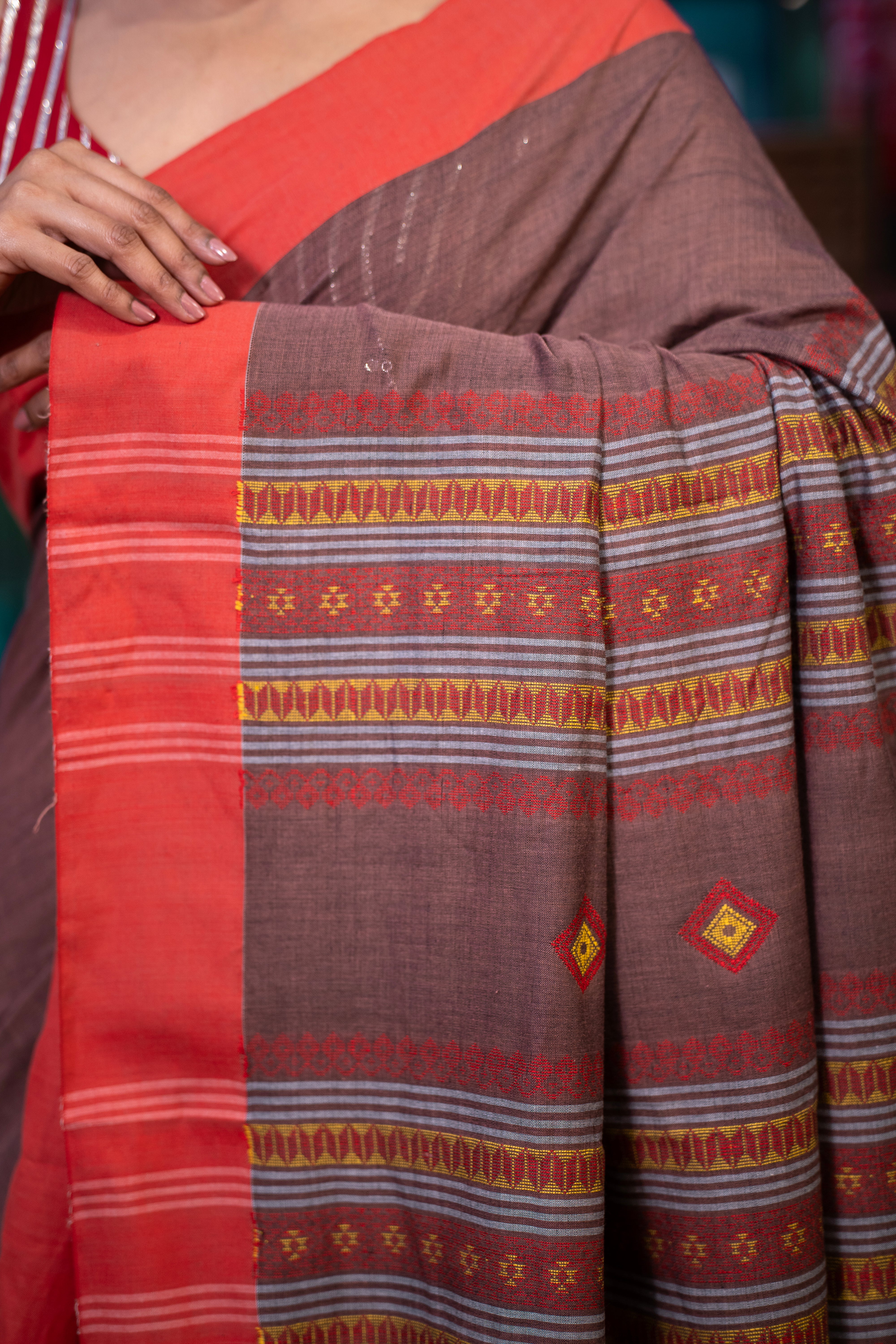 Premium Assam Khadi Cotton Handwoven Saree- Chocolate & Red