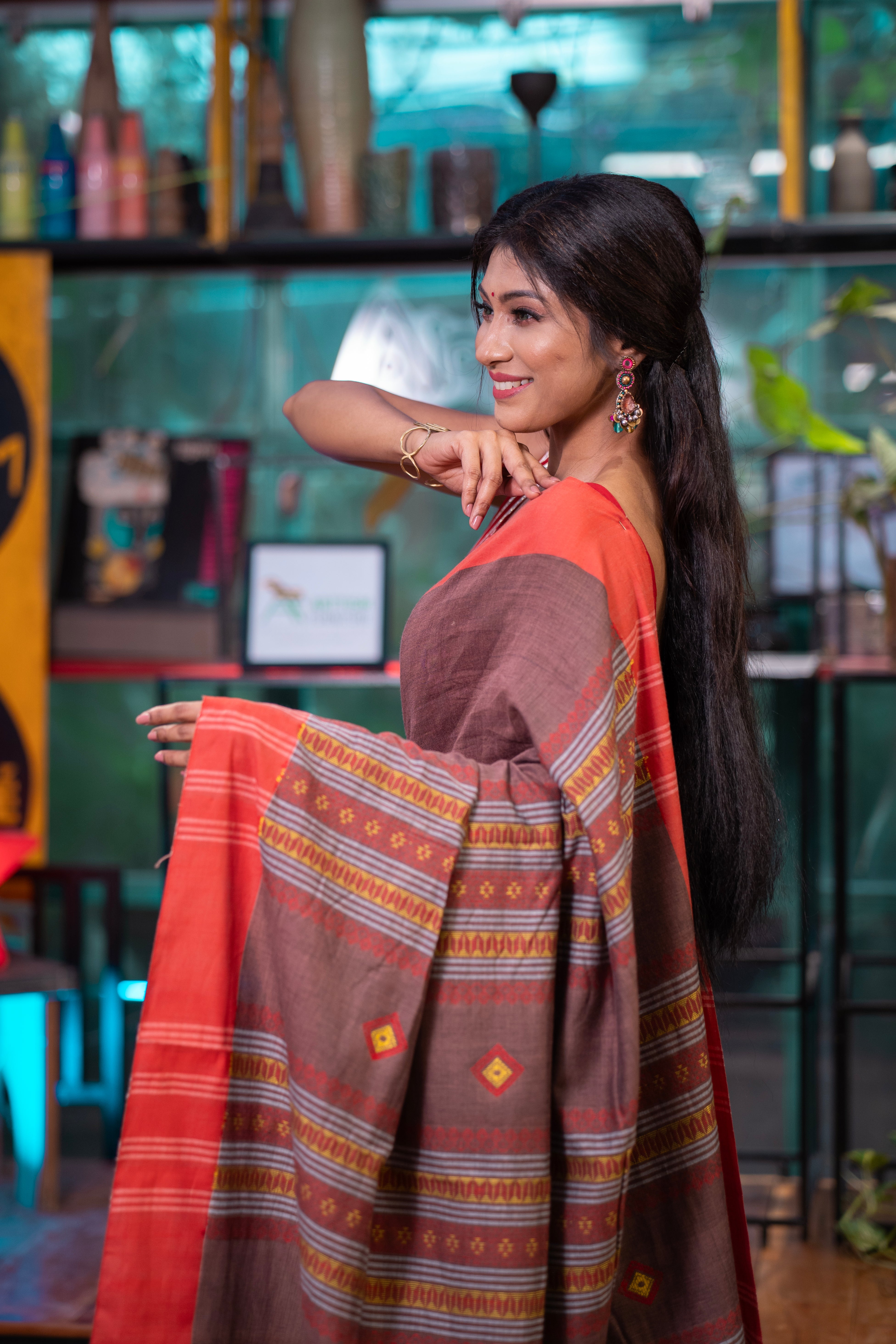 Premium Assam Khadi Cotton Handwoven Saree- Chocolate & Red