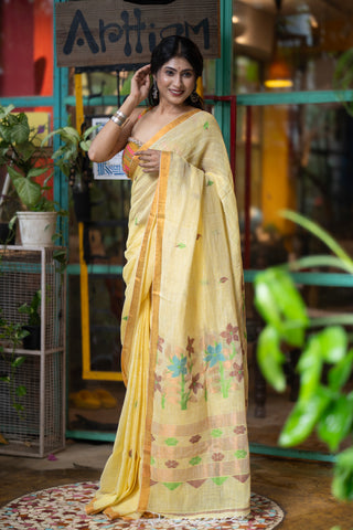 Yellow Hand Woven Linen Jamdani Saree with blouse piece