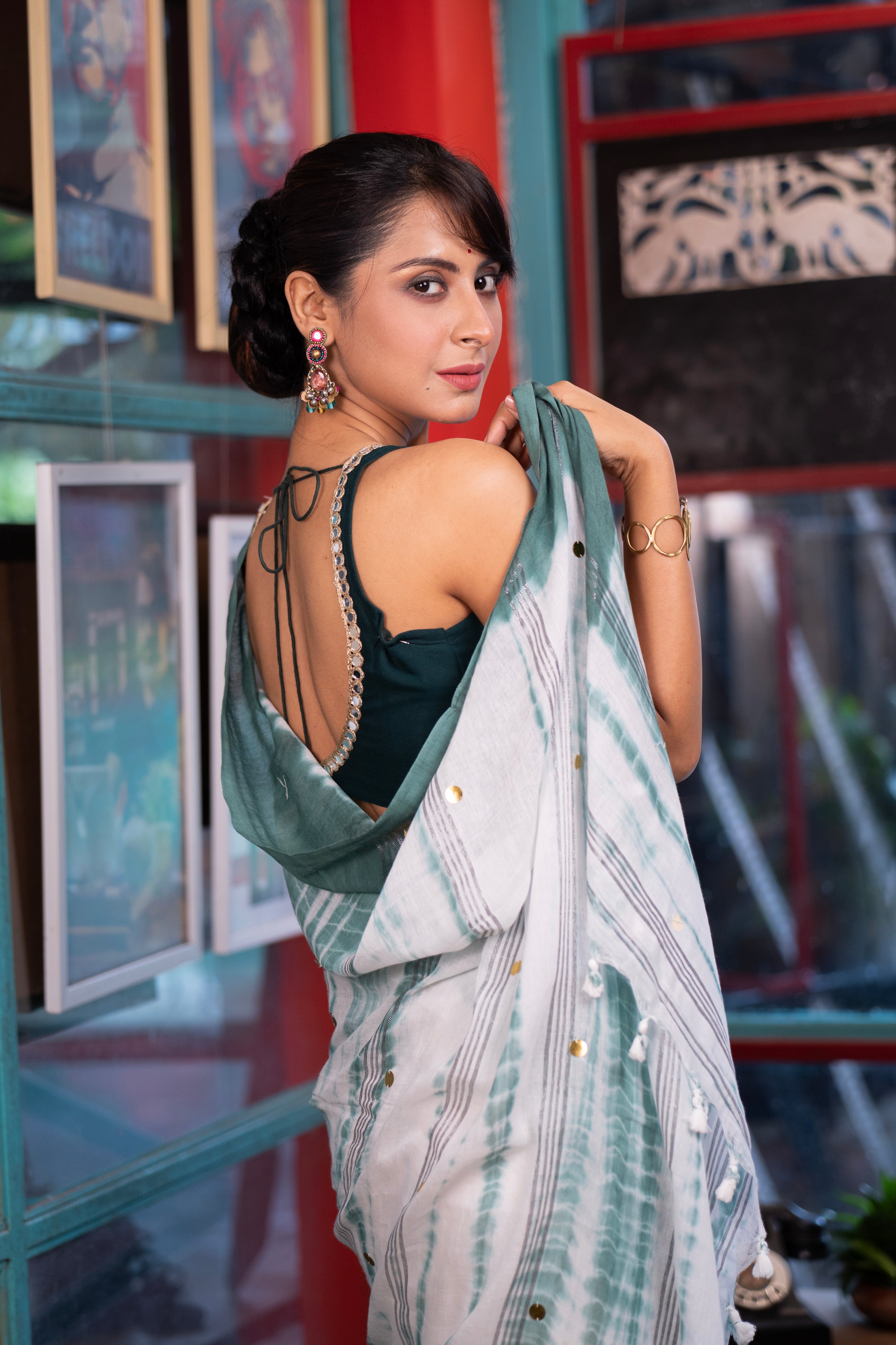 White & Pistachio Shibori Gini Work Pure Mul Cotton Saree