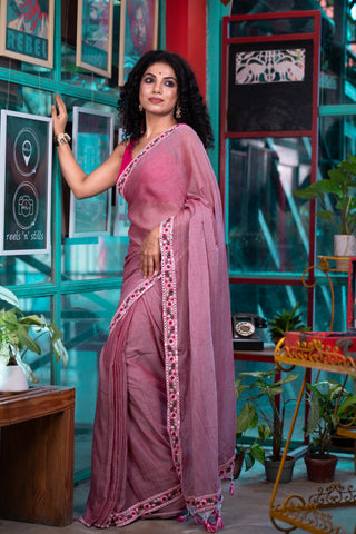 Thulian Pink embroidery lace mul cotton saree