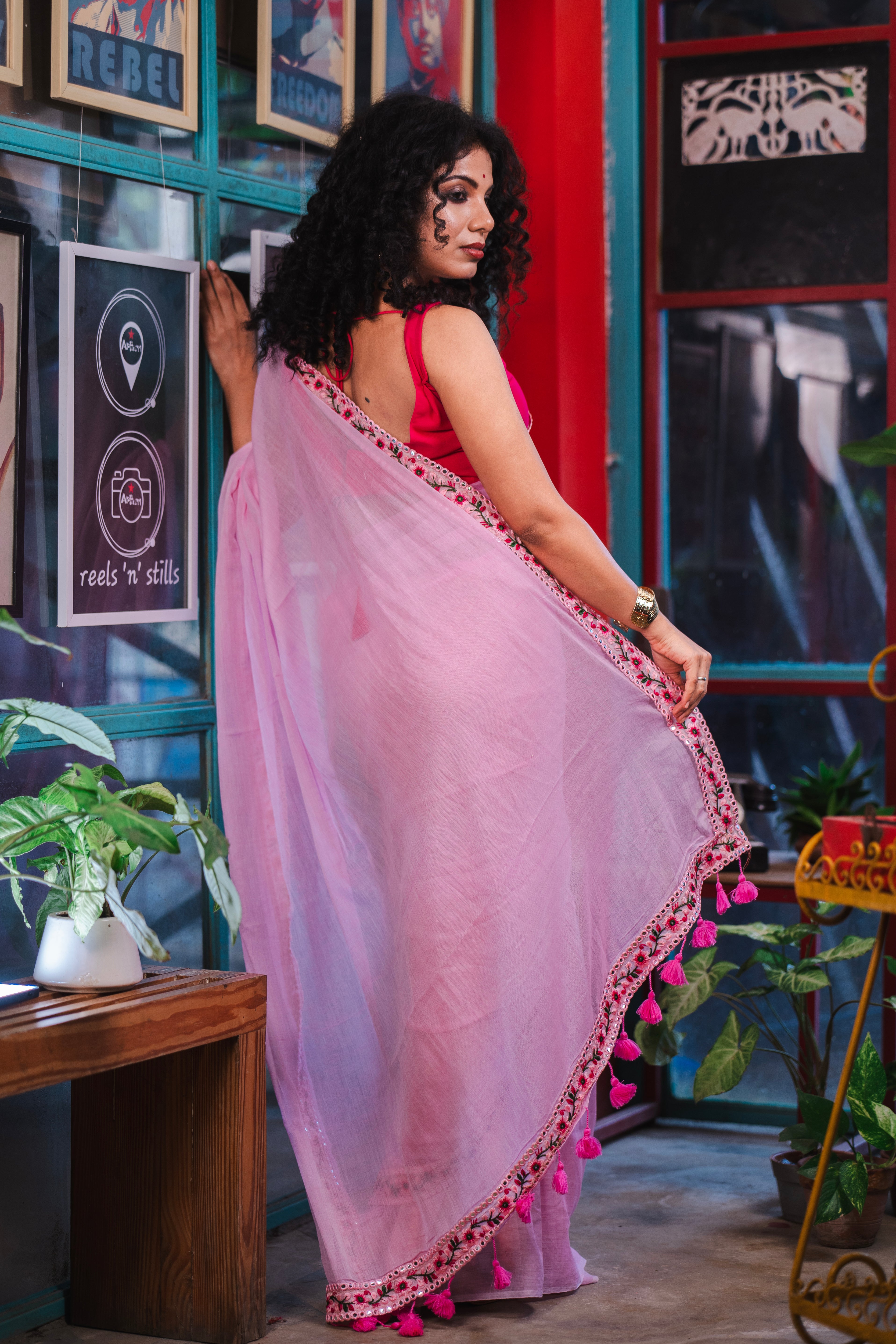 Pink Mulmul Cotton Saree