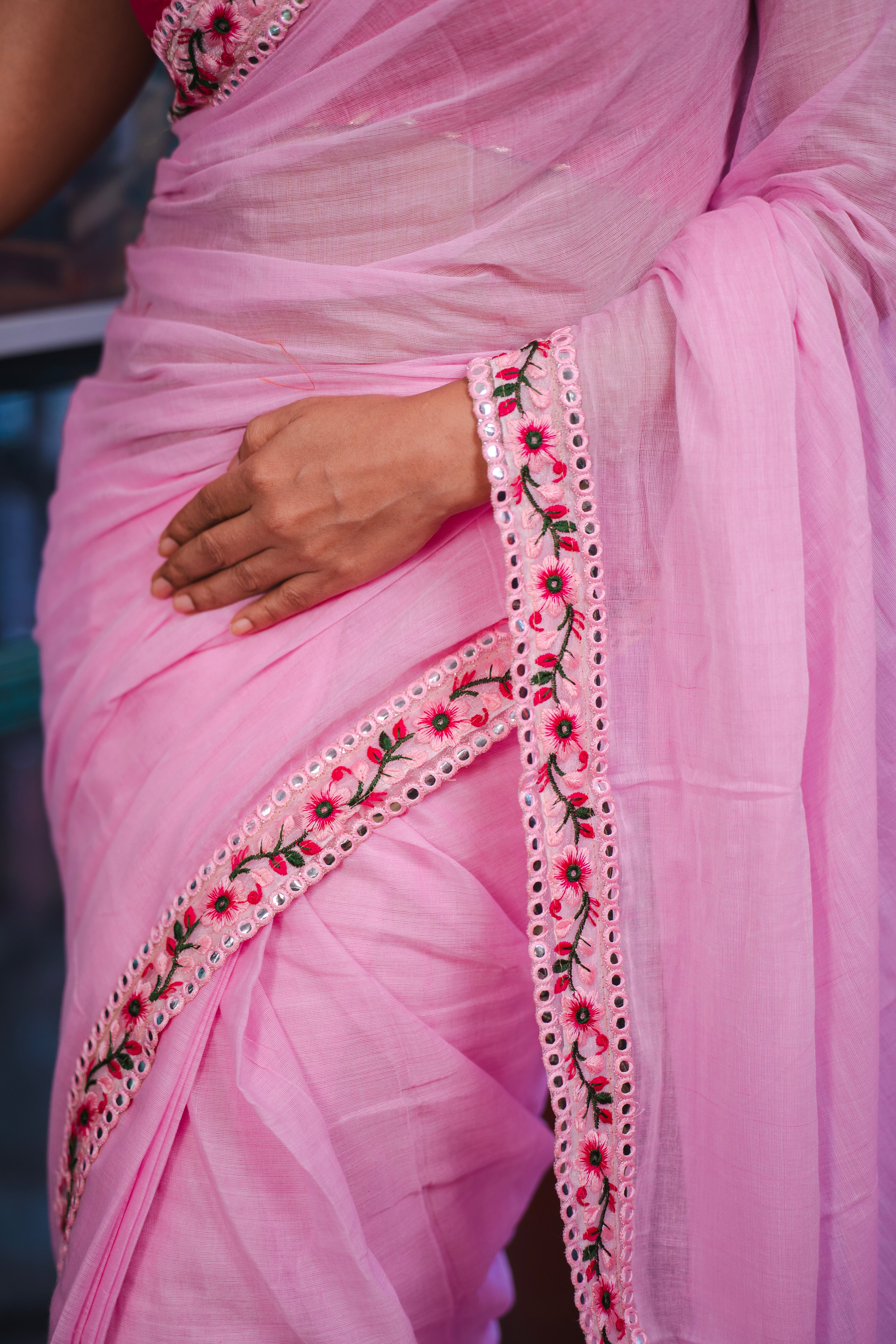 Pink Mulmul Cotton Saree