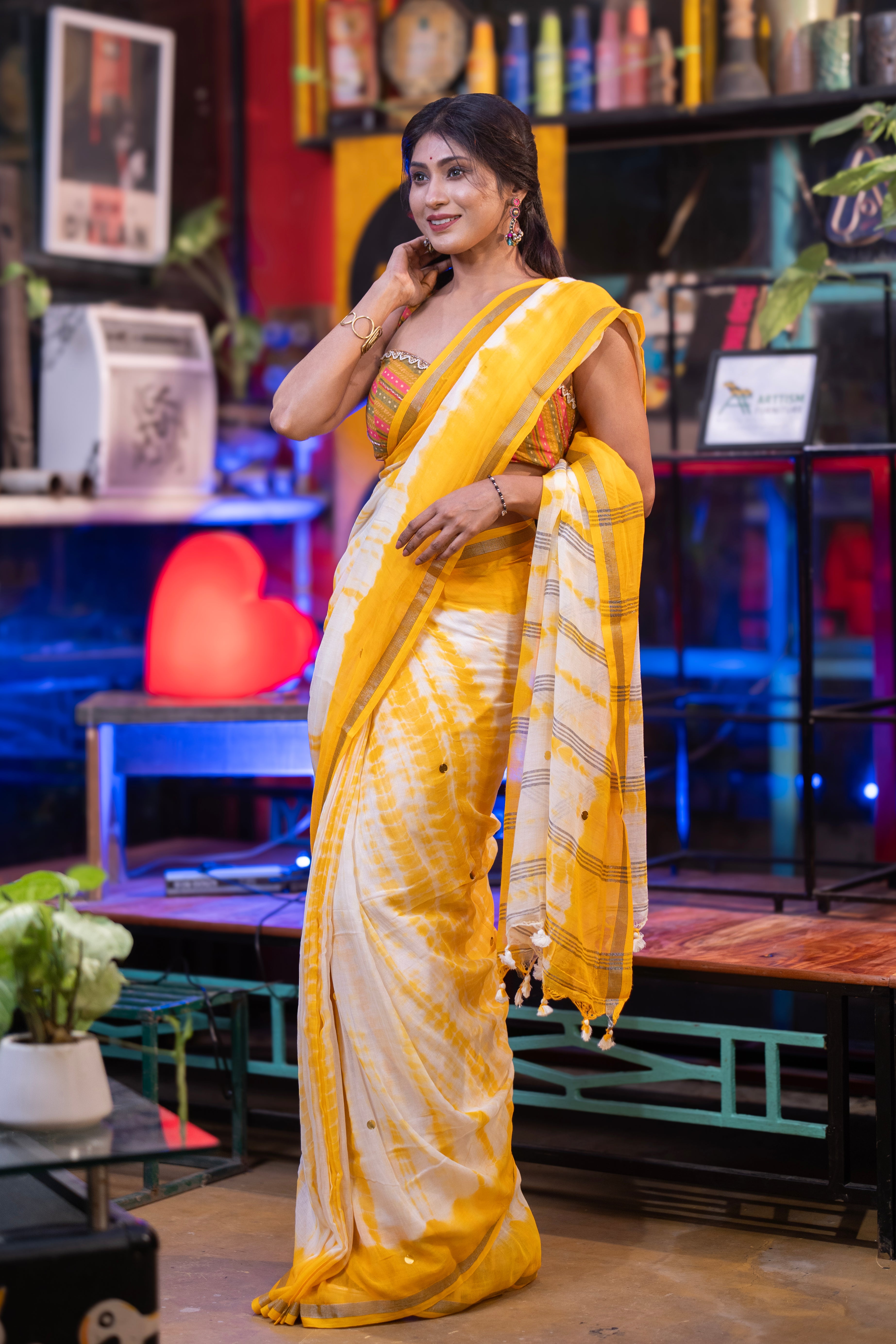 White & Yellow Shibori Gini Work Pure Mul Cotton Saree