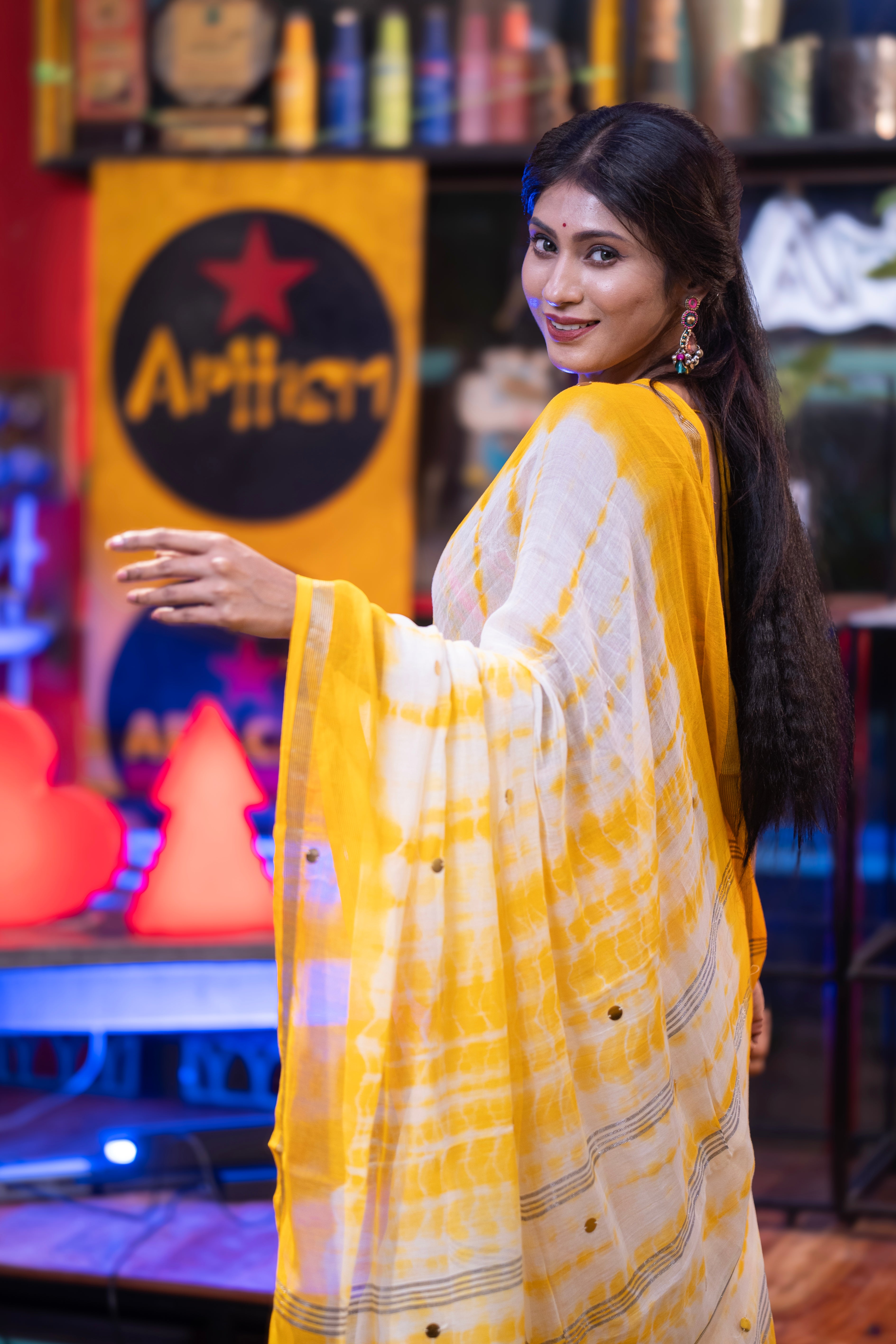 White & Yellow Shibori Gini Work Pure Mul Cotton Saree