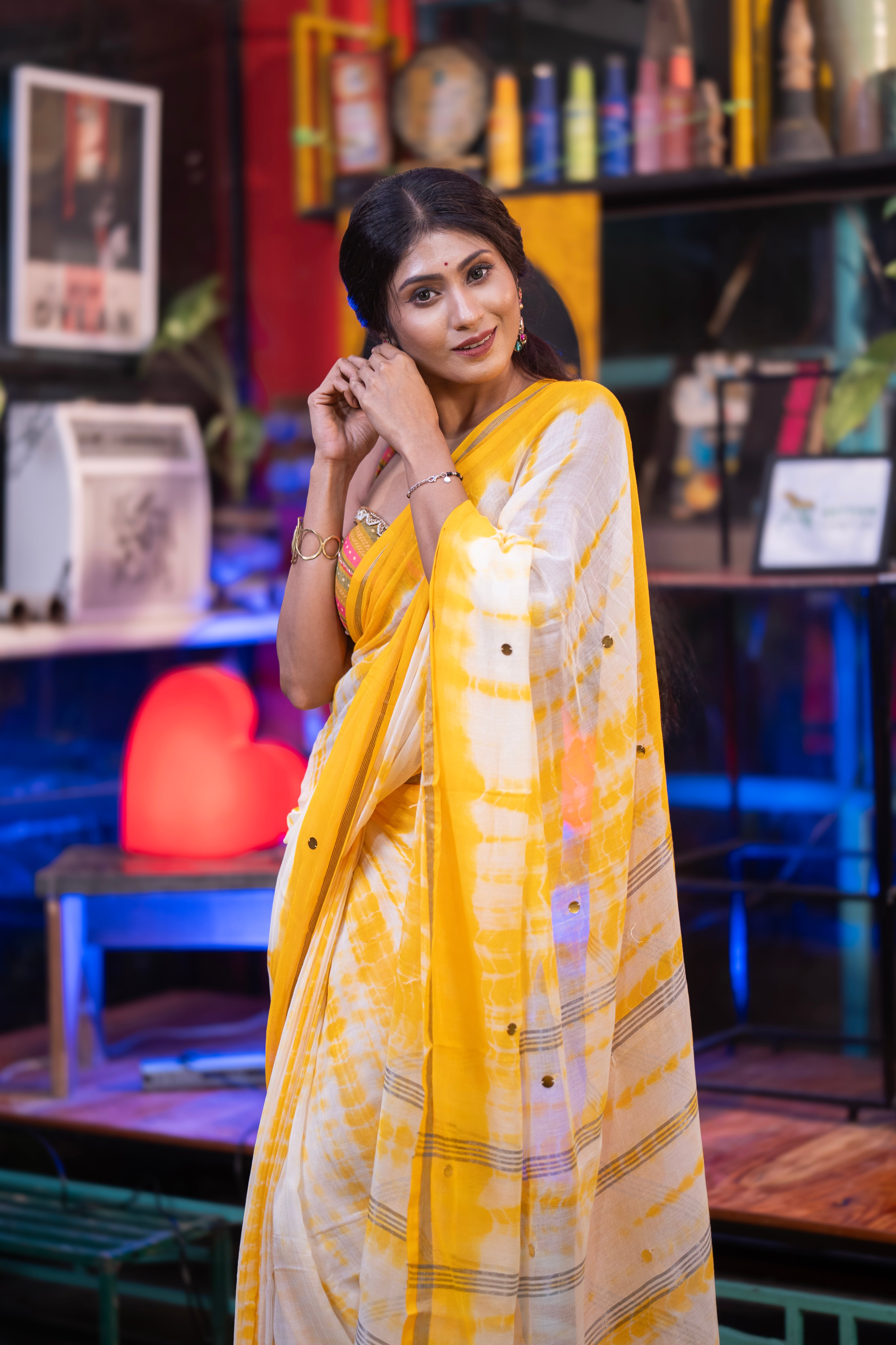 White & Yellow Shibori Gini Work Pure Mul Cotton Saree