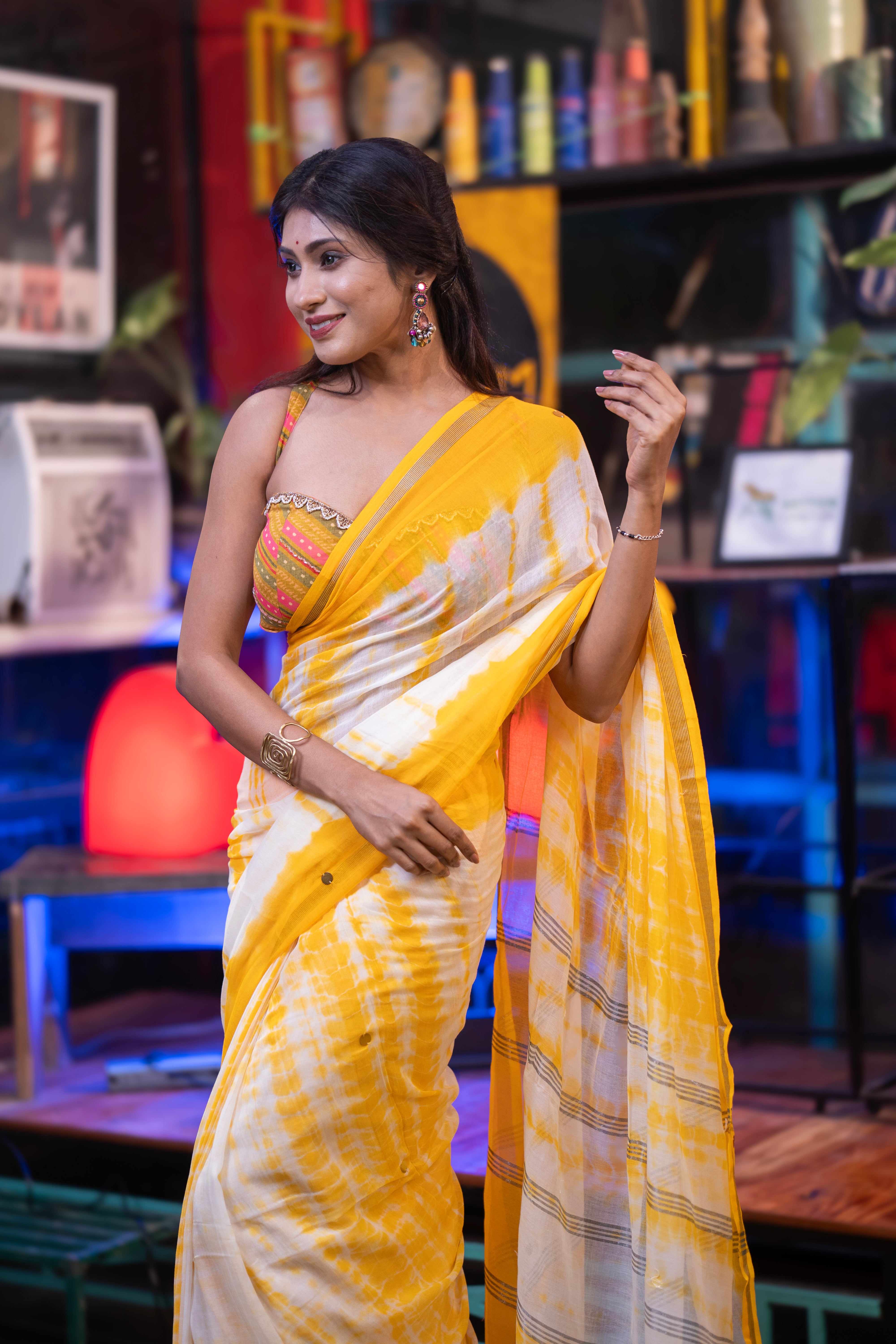 White & Yellow Shibori Gini Work Pure Mul Cotton Saree