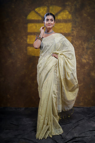 Ivory Dual Tone Pure Tissue Linen Saree with blouse piece
